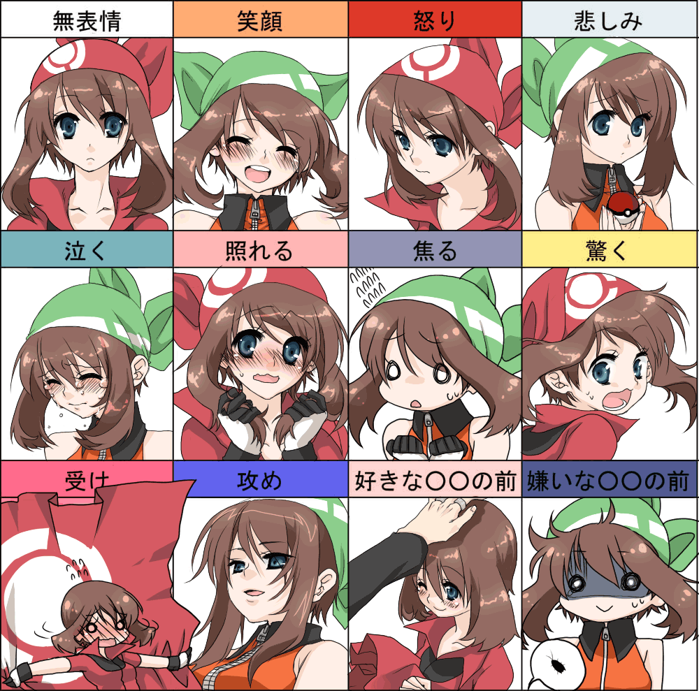 saotome minami, may (pokemon), may (pokemon emerald), steven stone, nintendo, pokemon, pokemon rse, bad id, bad pixiv id, translated, 00s, 1girl, alternate costume, bandana, blue eyes, blush, brown hair, chart, crying, hat, holding, holding poke ball, multiple expressions, multiple views, no headwear, poke ball, tears