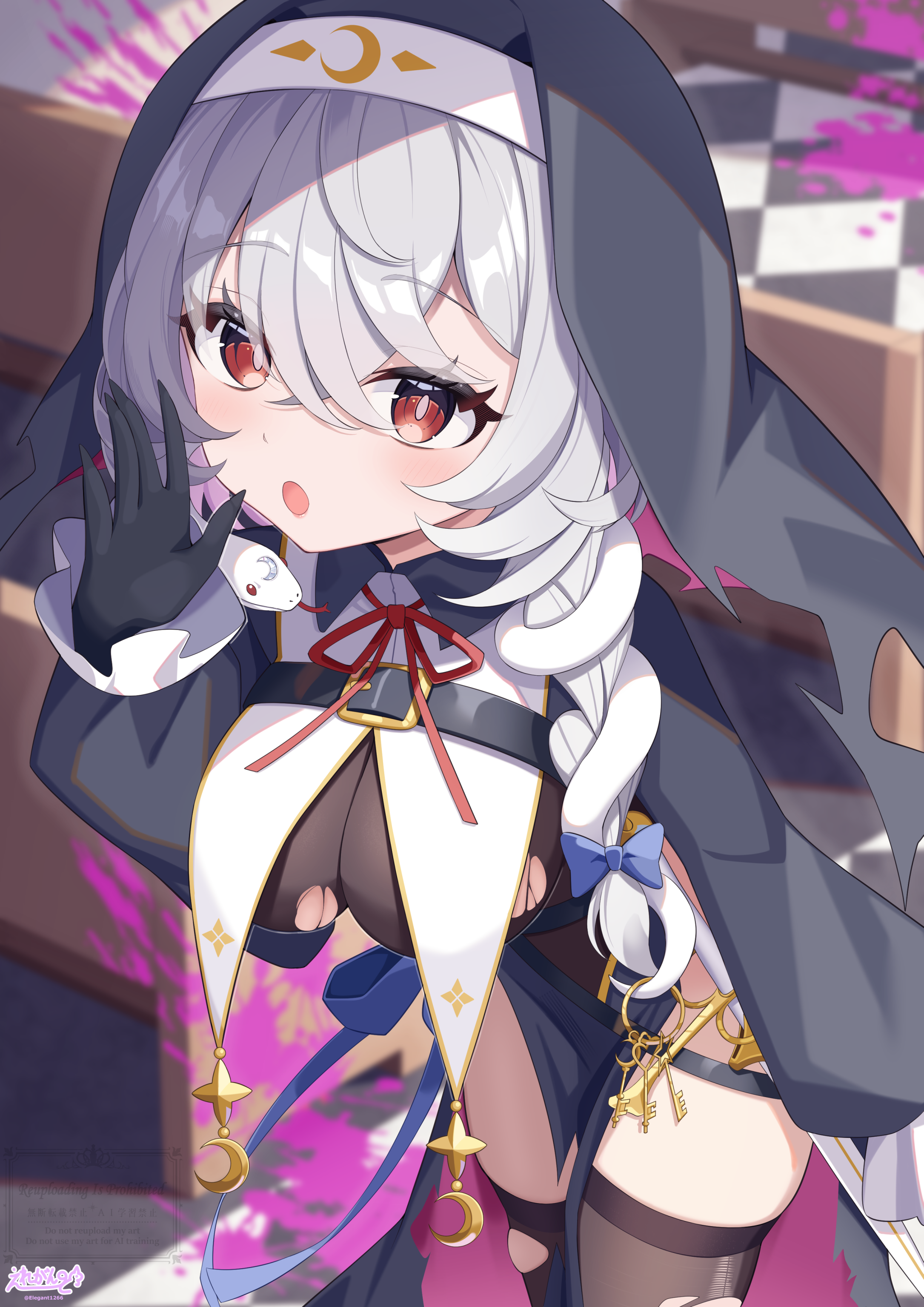 elegant (sumisumi4268), original, absurdres, commentary request, highres, 1girl, black gloves, black thighhighs, blood, blue bow, bow, braid, breast curtains, breasts, coif, crossed bangs, gloves, grey hair, hair between eyes, hair bow, hand up, large breasts, long sleeves, looking at viewer, multicolored hair, neck ribbon, nun, pelvic curtain, pink blood, pink hair, red eyes, red ribbon, ribbon, snake, snake hair, solo, thighhighs, torn clothes, torn thighhighs, two-tone hair, white snake