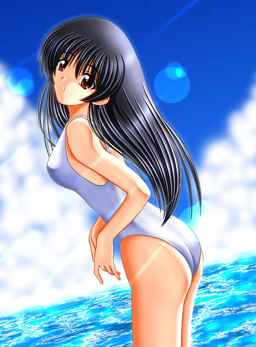 character request, copyright request, tagme, 1girl, ass, black hair, breasts, long hair, medium breasts, ocean, one-piece swimsuit, red eyes, swimsuit, white one-piece swimsuit