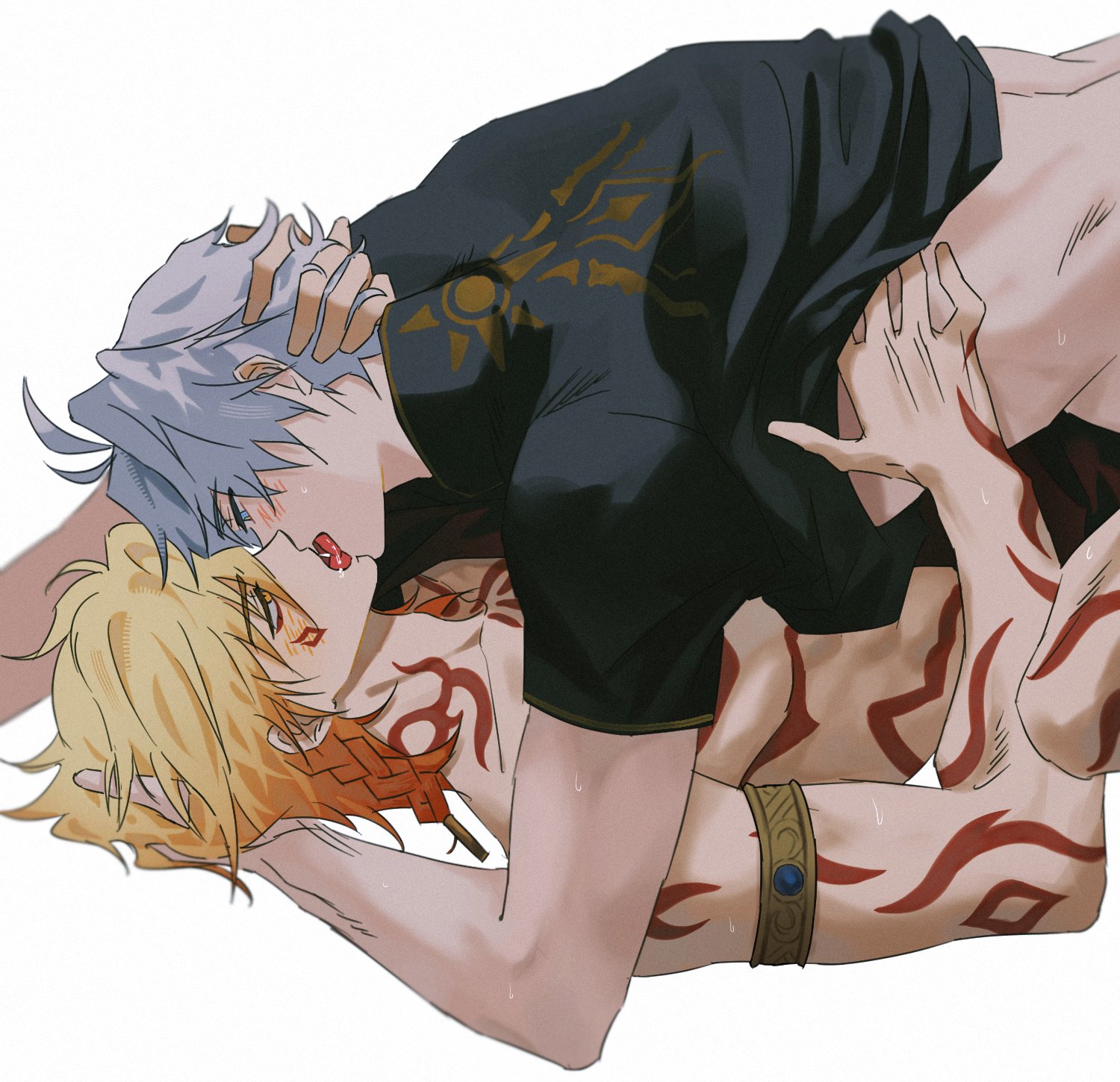 mydei (honkai: star rail), phainon (honkai: star rail), honkai: star rail, honkai (series), commentary, highres, 2boys, antenna hair, arm tattoo, armlet, black shirt, blonde hair, blue eyes, braid, chest tattoo, facial tattoo, french kiss, gamegong, gradient hair, hand on another's head, jewelry, kiss, male focus, medium hair, multicolored hair, multiple boys, parted bangs, red hair, red tattoo, shirt, short hair, side braid, simple background, tattoo, white background, white hair, yaoi, yellow eyes