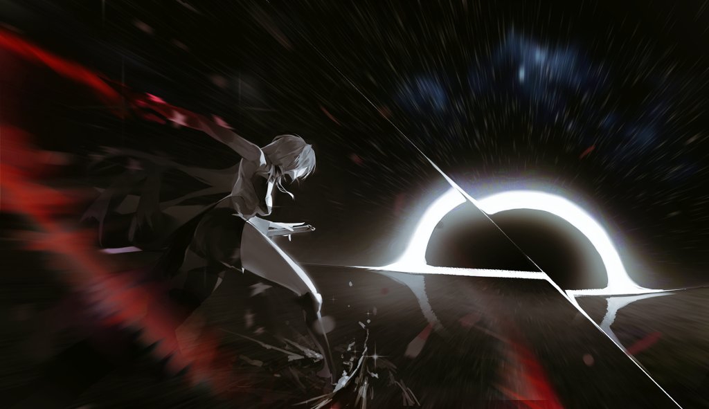 acheron (honkai: star rail), honkai: star rail, honkai (series), commentary, 1girl, black hole, boots, breasts, colored skin, crop top, from behind, monochrome, red skin, reflection, scabbard, sheath, shorts, slashing, star (sky), sword, thighs, user awxk4588, weapon, white hair