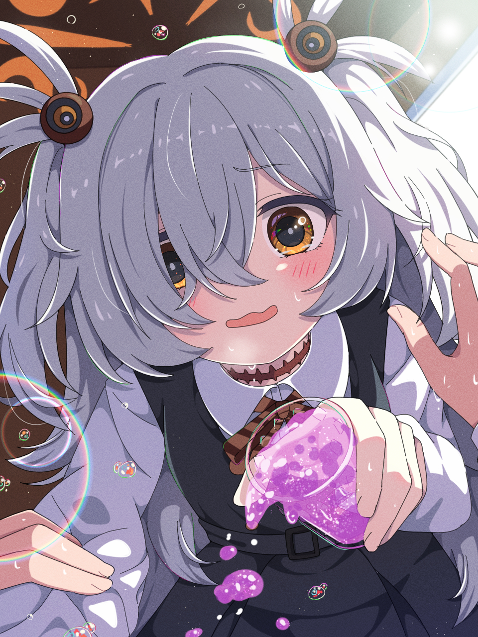 mikoshi (user wvyd4348), kanoe (blue archive), blue archive, highres, 1boy, 1girl, black dress, black eyes, blush, bright pupils, brown choker, brown eyes, brown halo, choker, collared shirt, crying, cup, diagonal-striped ribbon, dress, fingernails, girl on top, hair between eyes, hair bobbles, hair intakes, hair ornament, halo, holding, holding another's arm, holding cup, liquid, long hair, long sleeves, multicolored eyes, pinafore dress, pov, shirt, short twintails, sleeveless, sleeveless dress, solo, spilling, twintails, two-tone eyes, water drop, wavy mouth, white sleeves