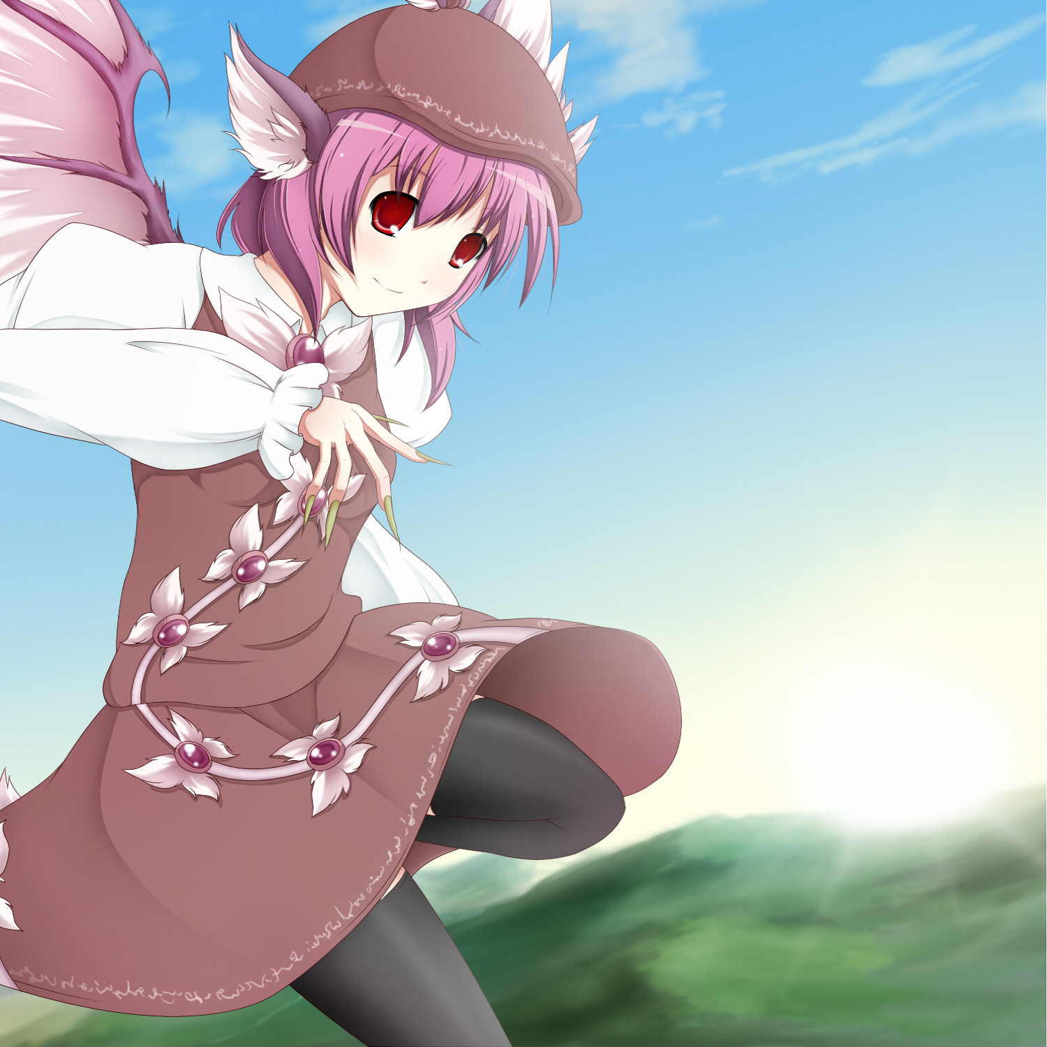 fuuen (akagaminanoka), mystia lorelei, touhou, bad id, bad pixiv id, highres, 1girl, animal ears, female focus, fingernails, hat, long fingernails, nail (hardware), outdoors, pink hair, red eyes, short hair, sky, solo, thighhighs, wings, zettai ryouiki