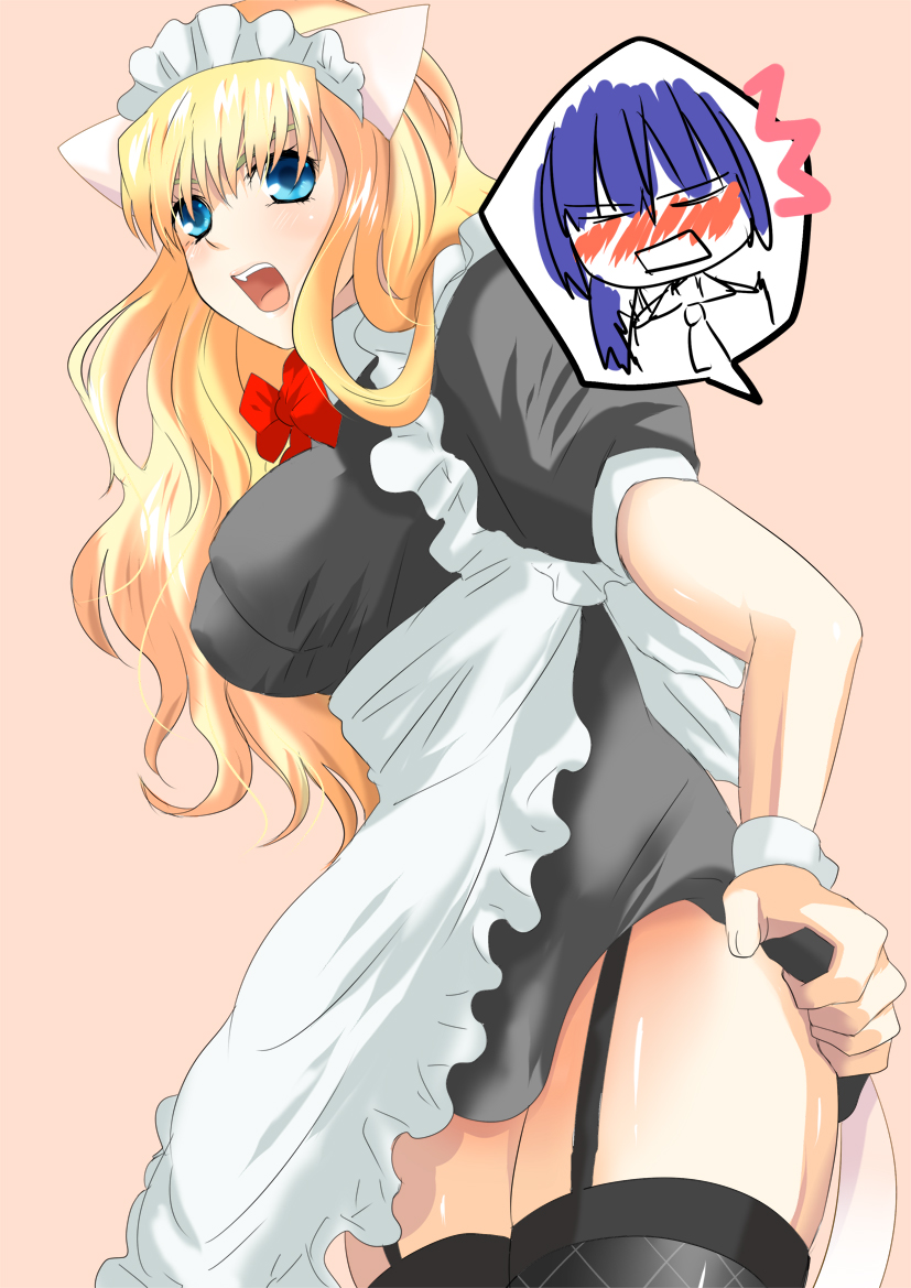 chiha, saotome alto, sheryl nome, macross, macross frontier, bad id, bad pixiv id, 00s, 1boy, 1girl, apron, blonde hair, blue eyes, blush, breasts, garter belt, long hair, maid, maid apron, maid headdress, simple background, thighhighs