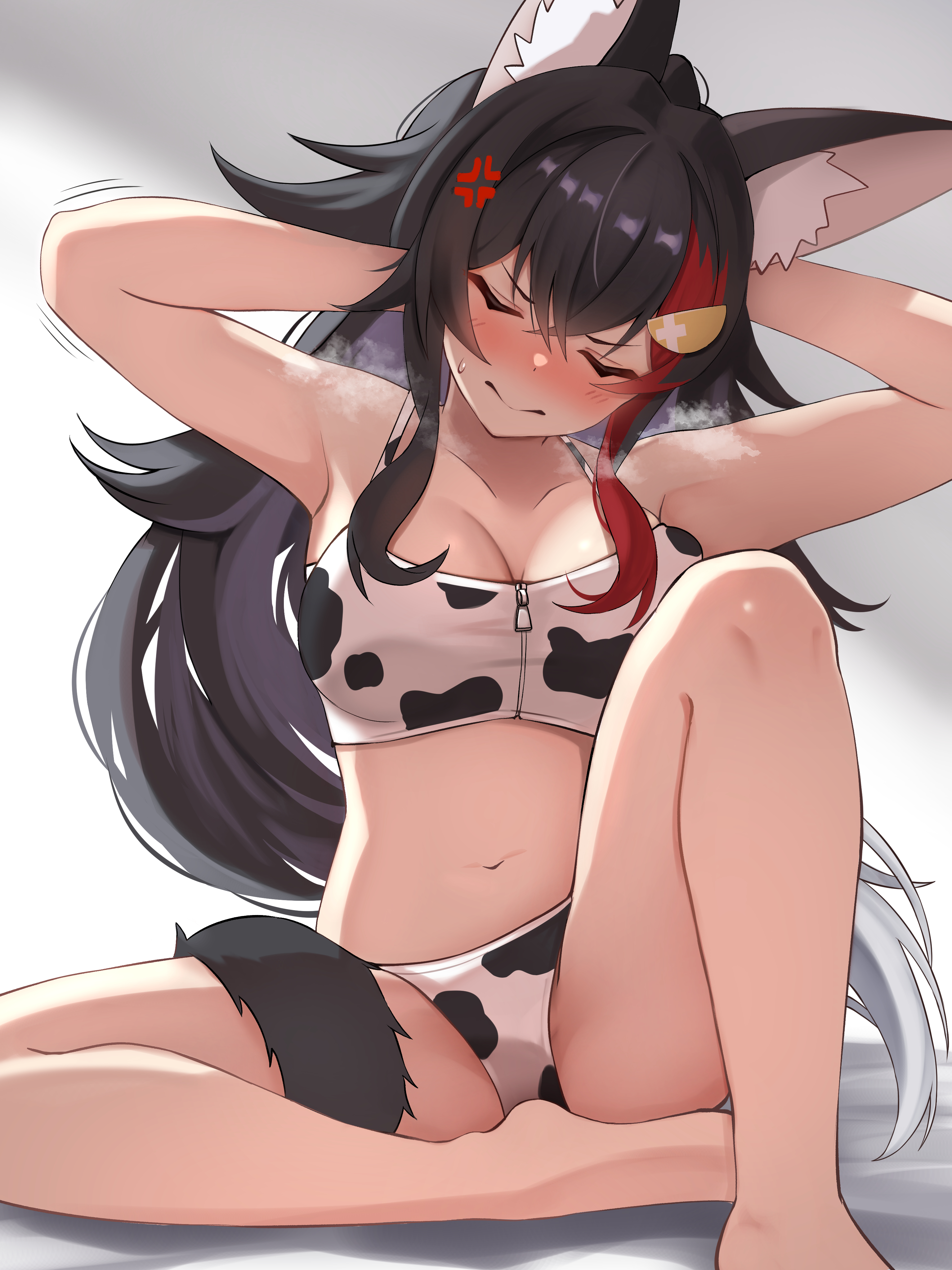 micon, ookami mio, hololive, absurdres, commentary, highres, symbol-only commentary, 1girl, anger vein, animal ear fluff, animal ears, animal print, armpits, arms behind head, barefoot, bikini, black hair, black tail, blush, breasts, cleavage, closed mouth, cow print, cow print bikini, double-parted bangs, facing viewer, flipped hair, hair between eyes, hair ornament, hairclip, halterneck, knee up, large breasts, long hair, multicolored hair, navel, print bikini, red hair, sidelocks, sitting, solo, spiked hair, stomach, streaked hair, swimsuit, tail, tail around own leg, very long hair, virtual youtuber, wolf ears, wolf girl, wolf tail