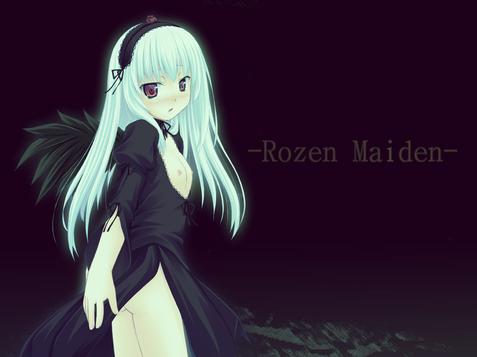 atsushima you, suigintou, rozen maiden, commentary request, highres, 1girl, 2000s (style), ass, black dress, black hairband, black ribbon, black wings, blush, breasts, copyright name, cowboy shot, dress, feathered wings, gothic lolita, hair ribbon, hairband, lolita fashion, lolita hairband, long hair, looking at viewer, looking back, neck ribbon, nipples, no panties, nose blush, open mouth, purple background, red eyes, ribbon, simple background, small breasts, solo, white hair, wings
