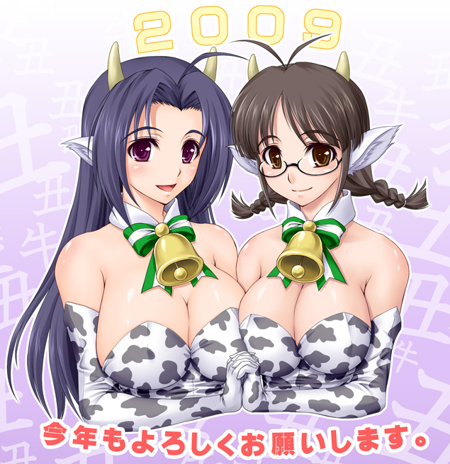 amane (funfun), akizuki ritsuko, amane, miura azusa, idolmaster, idolmaster (classic), 00s, 2009, 2girls, ahoge, animal print, antenna hair, antennae, bare shoulders, bell, black eyes, blue hair, braid, breast press, breasts, brown hair, cleavage, cow girl, cow print, elbow gloves, glasses, gloves, happy, holding hands, horns, large breasts, long hair, multiple girls, new year, purple eyes, purple hair, red eyes, short hair, short twintails, smile, symmetrical docking, twin braids, twintails