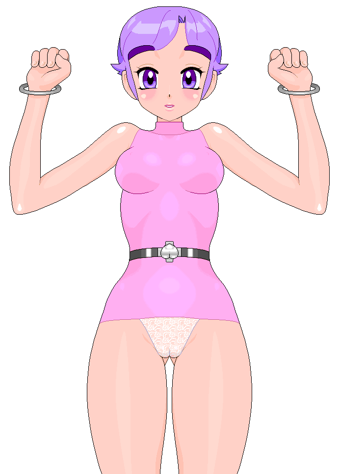 animated, animated gif, 1girl, bangle, bare arms, bare shoulders, belt, black belt, blinking, blush, bracelet, breasts, breasts apart, cameltoe, cowboy shot, dress, facing viewer, female focus, jewelry, lace, lace panties, looking at viewer, microdress, panties, pink dress, purple eyes, purple hair, revealing clothes, short hair, simple background, sleeveless, sleeveless dress, small breasts, solo, standing, thick eyebrows, thigh gap, transparent background, underwear, w arms