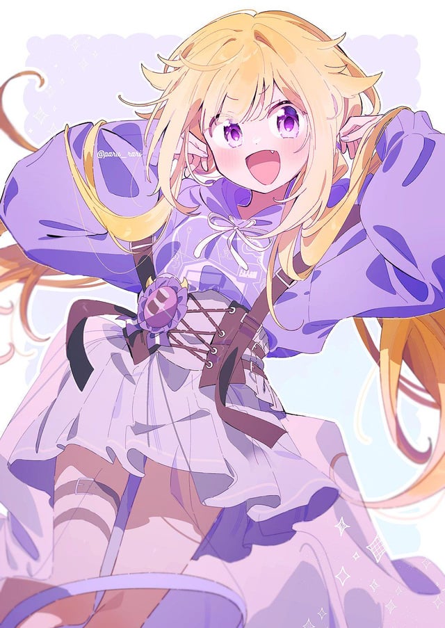 serizawa serizane, mitsuki felicia, magia record: mahou shoujo madoka magica gaiden, mahou shoujo madoka magica, 1girl, arm up, blonde hair, bow, dress, fang, open mouth, purple dress, purple eyes, simple background, smile, solo, white background