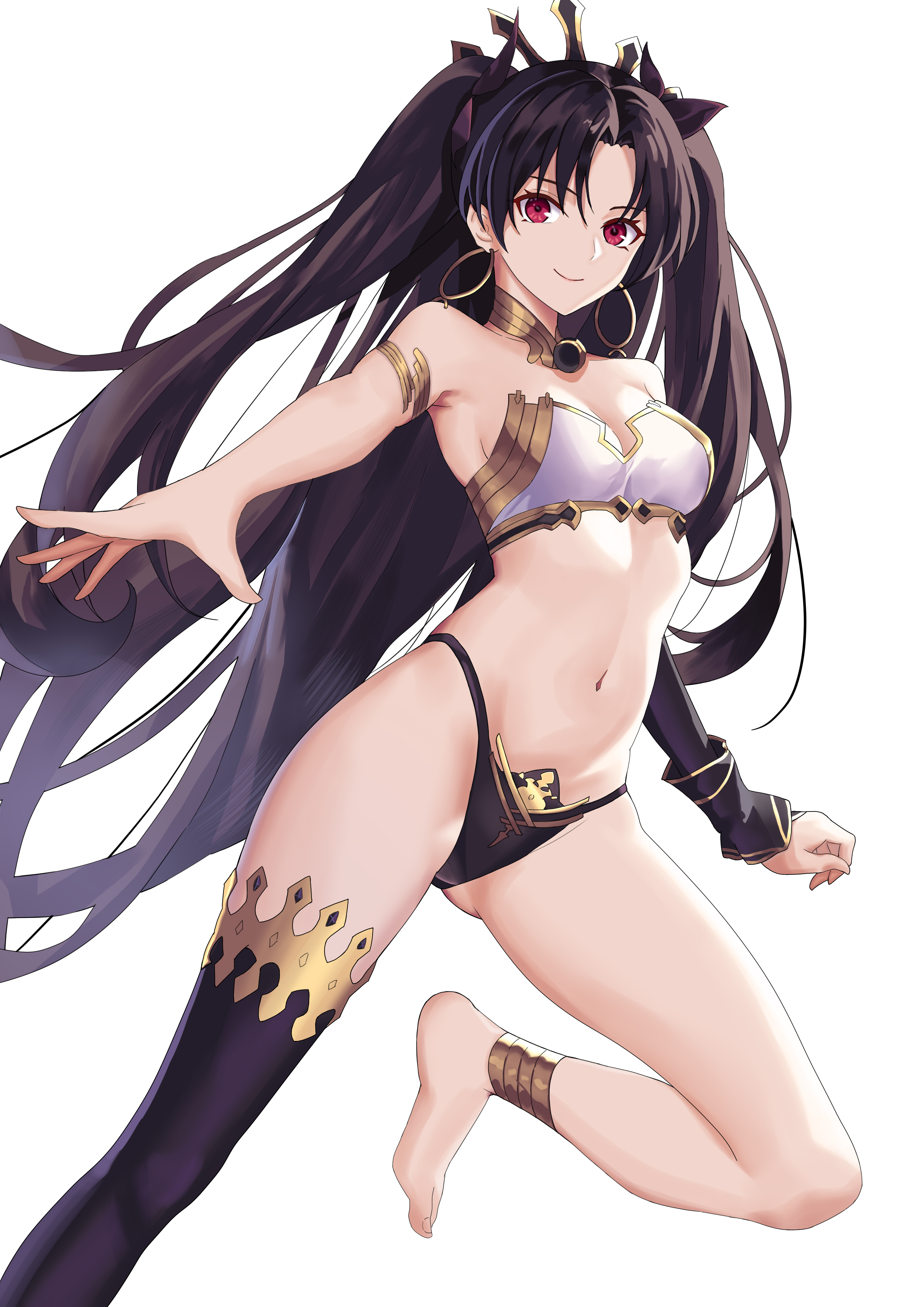 sakanasoko, ishtar (fate), fate/grand order, fate (series), absurdres, chinese commentary, commentary request, highres, 1girl, anklet, armlet, asymmetrical legwear, asymmetrical sleeves, barefoot, bikini, black bikini, black bow, black hair, bow, breasts, closed mouth, detached collar, detached sleeves, earrings, hair bow, highleg, highleg bikini, hoop earrings, jewelry, long hair, long legs, looking at viewer, mismatched bikini, navel, neck ring, parted bangs, red eyes, simple background, single detached sleeve, single thighhigh, smile, solo, swimsuit, thighhighs, tiara, two side up, uneven legwear, uneven sleeves, white background, white bikini