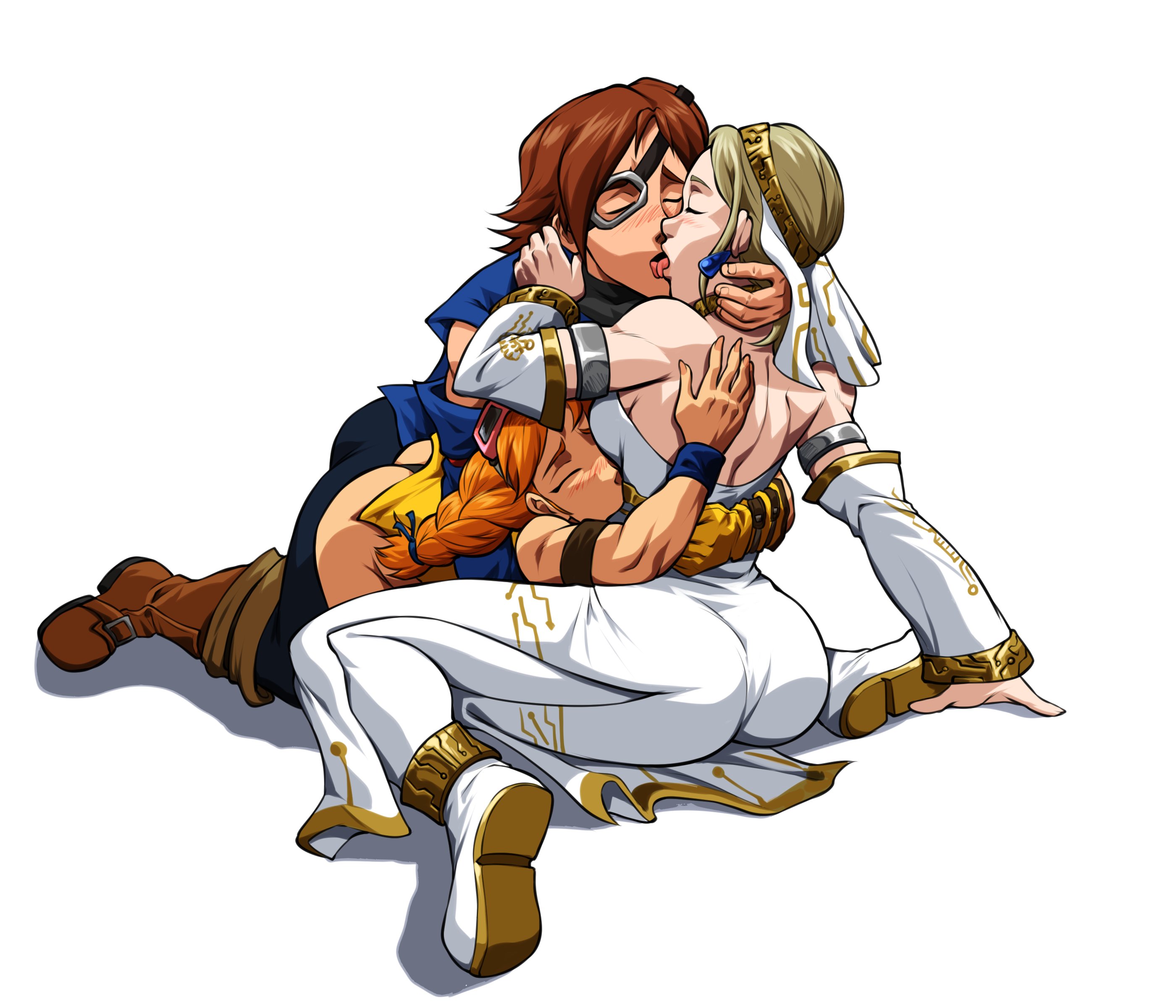 aika (eternal arcadia), fina (eternal arcadia), vyse, eternal arcadia, sega, 1boy, 2girls, ass, bisexual female, ffm threesome, group sex, kiss, multiple girls, nina kittie, threesome