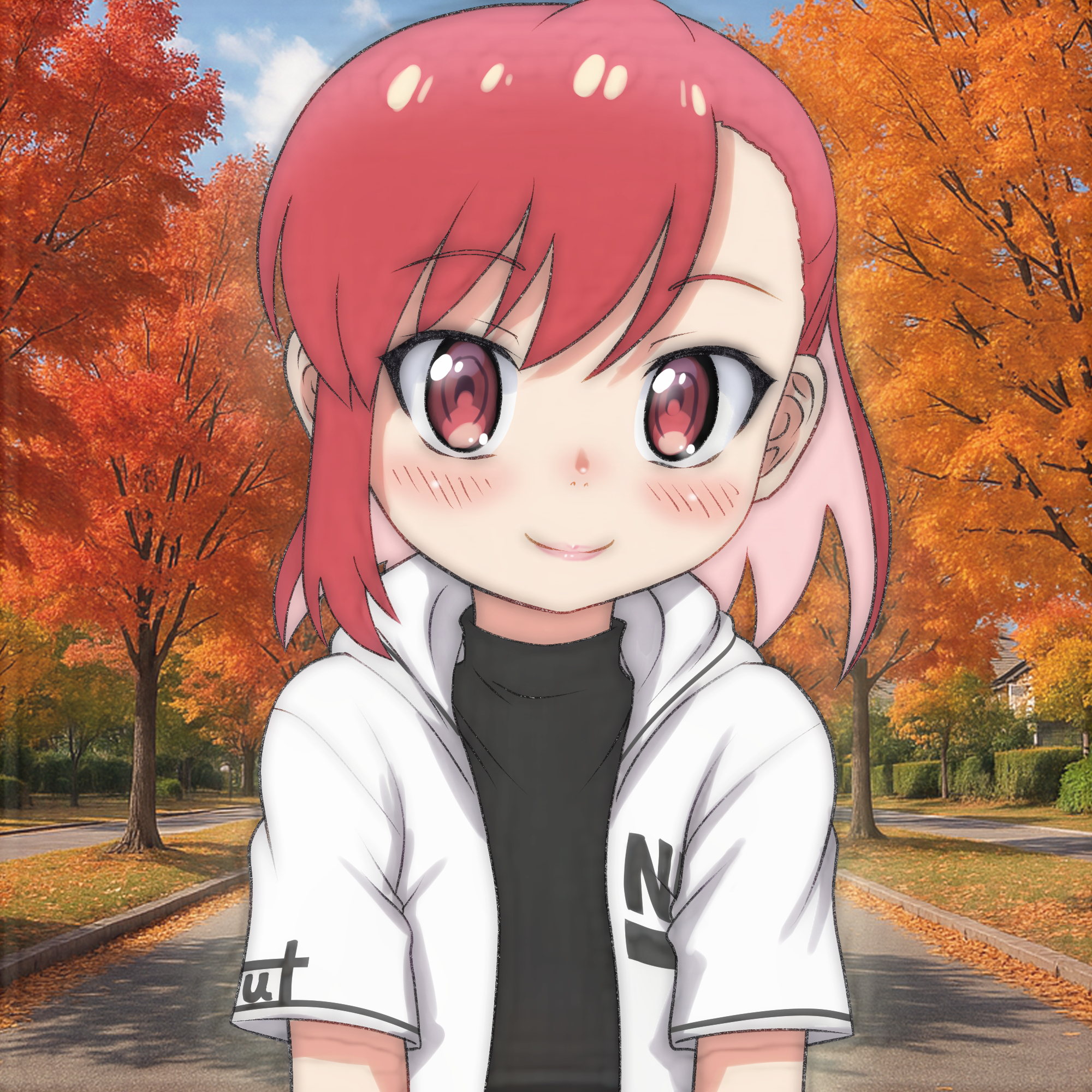 t jiroo (ringofriend), seto shouko, ruri no houseki, 1girl, autumn, autumn leaves, black shirt, blush, clothes writing, cloud, grass, high ponytail, jacket, leaf, long hair, looking at viewer, multicolored hair, open clothes, open jacket, pavement, photo background, pink hair, ponytail, red eyes, red hair, road, shirt, short sleeves, sky, smile, standing, tree, two-tone hair, upper body, white jacket