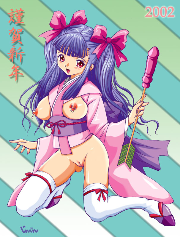 jinjin, 1girl, arrow (projectile), artist name, bottomless, bow, breasts, breasts out, censored, dildo, female focus, hair bow, japanese clothes, jewelry, kimono, kneeling, long hair, nipple piercing, nipple rings, nipples, piercing, purple hair, pussy, red eyes, sex toy, solo, thighhighs, twintails, very long hair