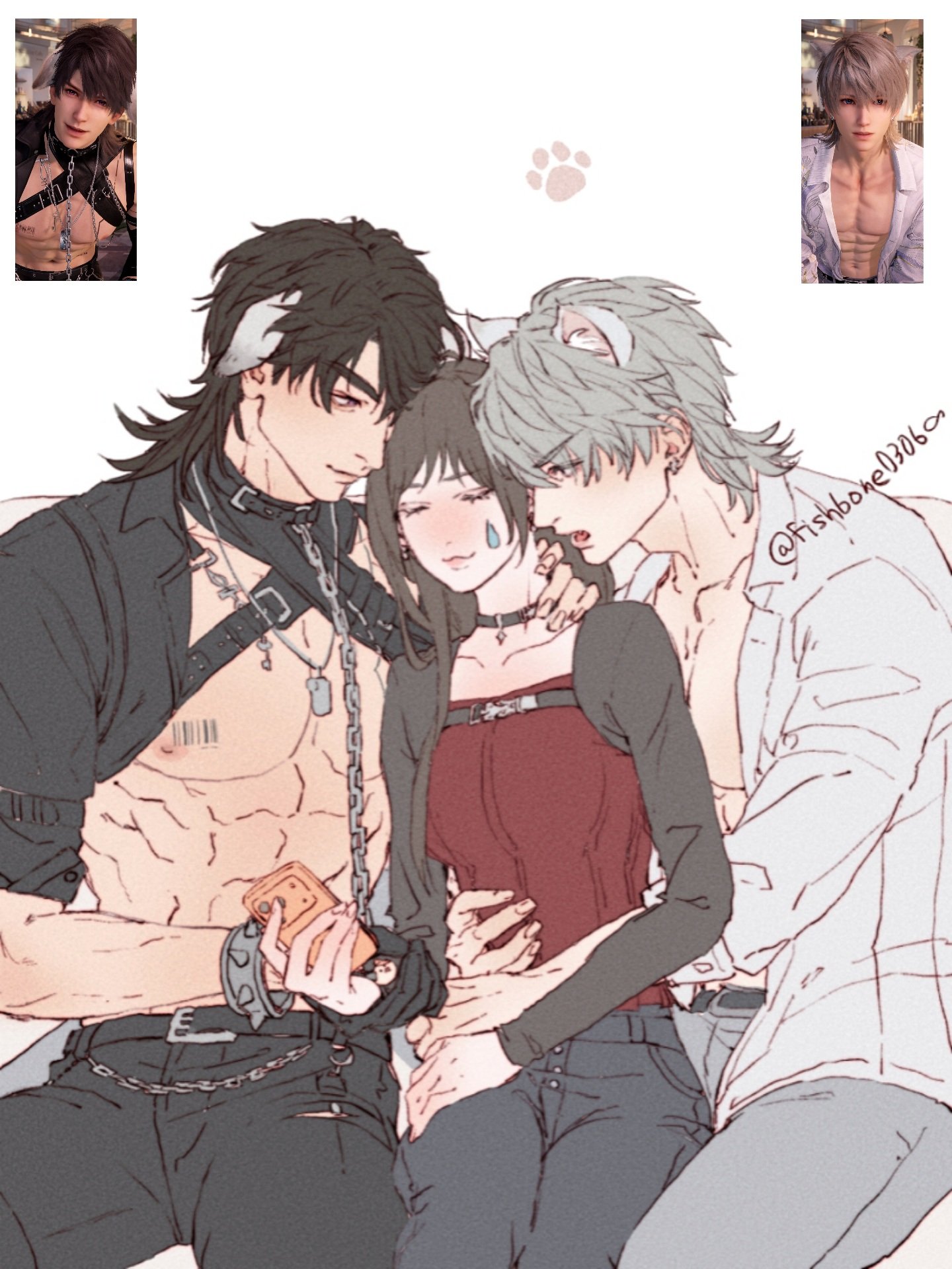 caleb (love and deepspace), protagonist (love and deepspace), xavier (love and deepspace), love and deepspace, highres, 1girl, 2boys, abs, animal ears, arms around waist, barcode, barcode tattoo, black choker, black hair, black jacket, black pants, breasts, cat ears, choker, collarbone, cowboy shot, dog ears, dog tags, fishbone0306, game screenshot inset, grey hair, grey pants, group sex, hair between eyes, hand on another's neck, hetero, holding, holding another's wrist, holding phone, jacket, kemonomimi mode, long hair, looking at another, medium breasts, medium hair, mmf threesome, multiple boys, muscular, muscular male, official alternate hair length, official alternate hairstyle, open clothes, open mouth, open shirt, pants, paw print, pectorals, pendant choker, phone, red shirt, shirt, sitting, tattoo, teardrop facial mark, threesome, twitter username, white shirt