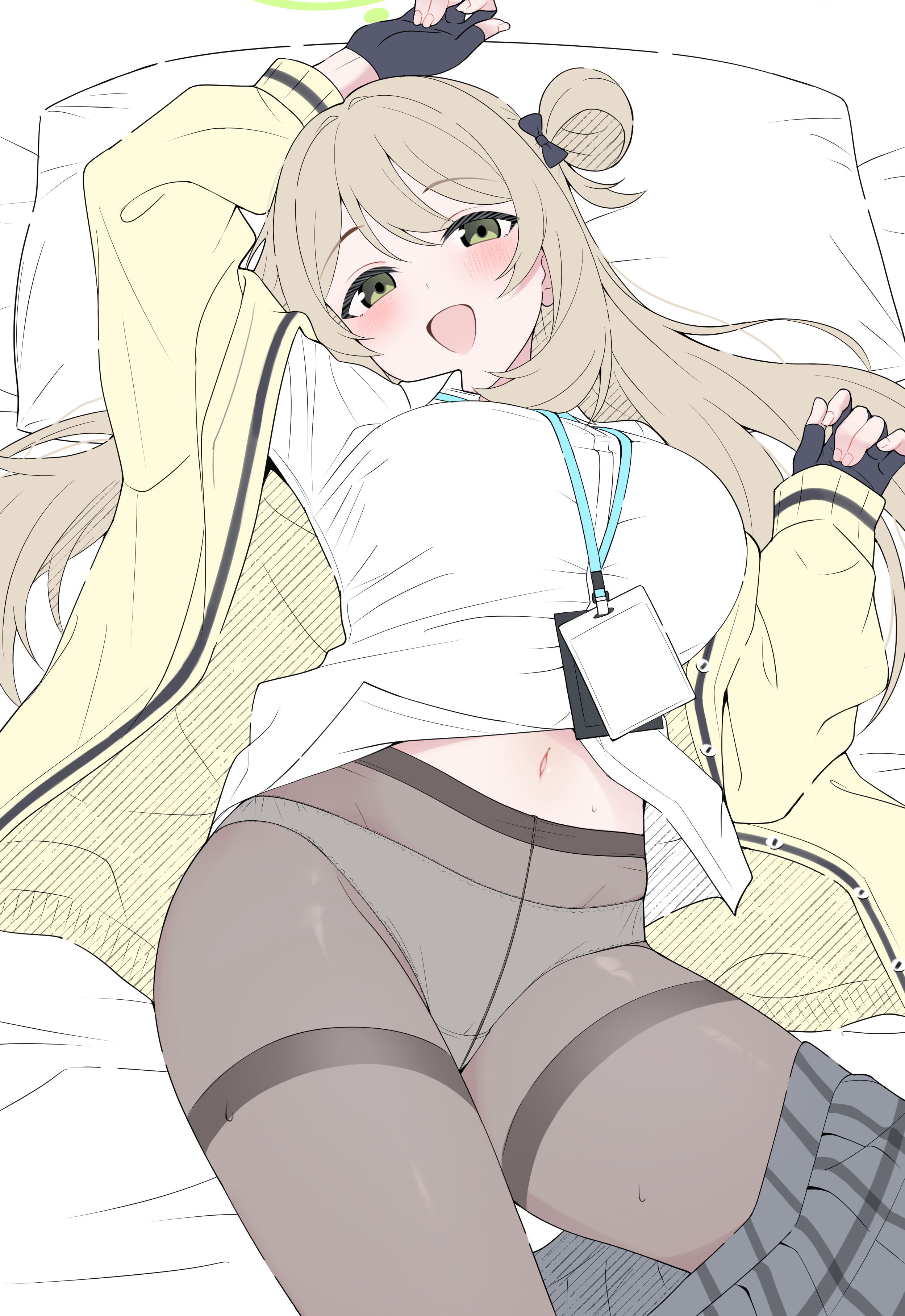 mistel (sukebemistel), nonomi (blue archive), blue archive, absurdres, commentary request, highres, revision, 1girl, :d, arm up, black gloves, black pantyhose, black skirt, breasts, brown hair, cardigan, collared shirt, fingerless gloves, gloves, green eyes, green halo, hair rings, halo, hand up, id card, lanyard, large breasts, long hair, looking at viewer, lying, navel, on back, open mouth, panties, panties under pantyhose, pantyhose, plaid clothes, plaid skirt, school uniform, see-through clothes, see-through pantyhose, shirt, single hair ring, skirt, skirt around one leg, smile, solo, thighband pantyhose, underwear, white panties, white shirt, yellow cardigan