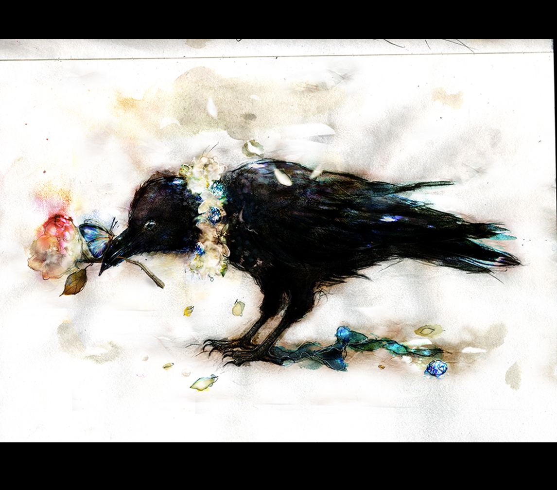 original, commentary request, bird, blue butterfly, bug, butterfly, crow, falling petals, flower, insect, letterboxed, morick (flower), no humans, petals, pink flower, white background, white flower