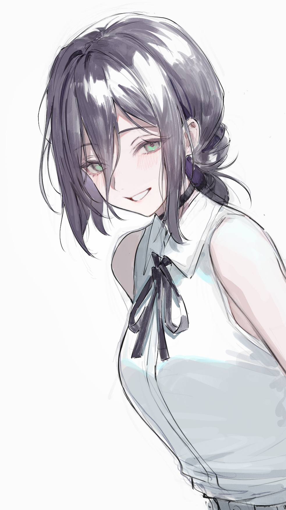 nekojira, reze (chainsaw man), chainsaw man, commentary, highres, symbol-only commentary, 1girl, bare shoulders, black choker, black hair, breasts, choker, collared shirt, green eyes, grin, hair between eyes, leaning forward, long hair, looking at viewer, medium breasts, neck ribbon, ribbon, shirt, sidelocks, simple background, sleeveless, sleeveless shirt, smile, solo, upper body, white background, white shirt