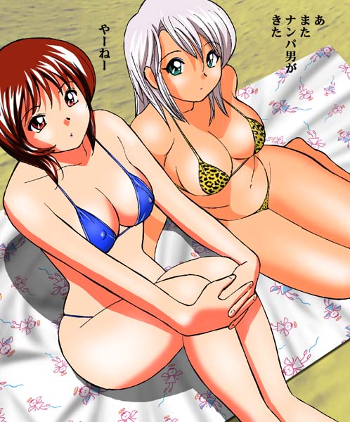 silver hair, 2girls, beach, bikini, breasts, brown eyes, brown hair, green eyes, large breasts, leopard print, looking up, multiple girls, sitting, swimsuit