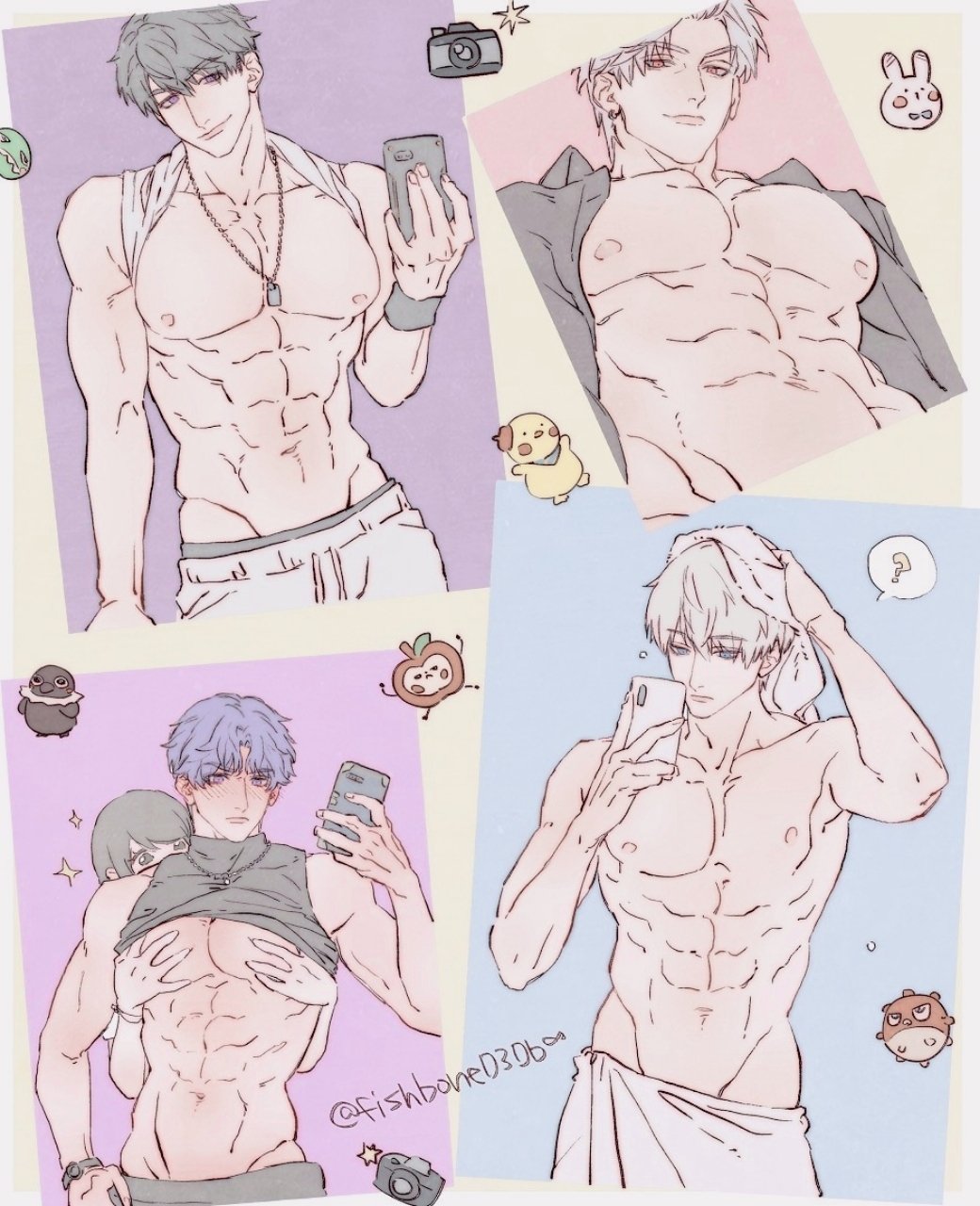 caleb (love and deepspace), protagonist (love and deepspace), rafayel (love and deepspace), sylus (love and deepspace), xavier (love and deepspace), love and deepspace, highres, 1girl, 4boys, ?, abs, apple, bare shoulders, bird, black hair, blue hair, blush, clothes lift, crow, dog tags, fish, fishbone0306, food, fruit, furrowed brow, grey hair, hands on another's chest, holding, holding phone, looking at viewer, male focus, multiple boys, muscular, muscular male, open clothes, open shirt, parted bangs, pectorals, phone, puffer fish, rabbit, selfie, shirt lift, short hair, smirk, spoken question mark, taking picture, topless male, towel, towel around waist, towel on head, upper body, watch, wristwatch