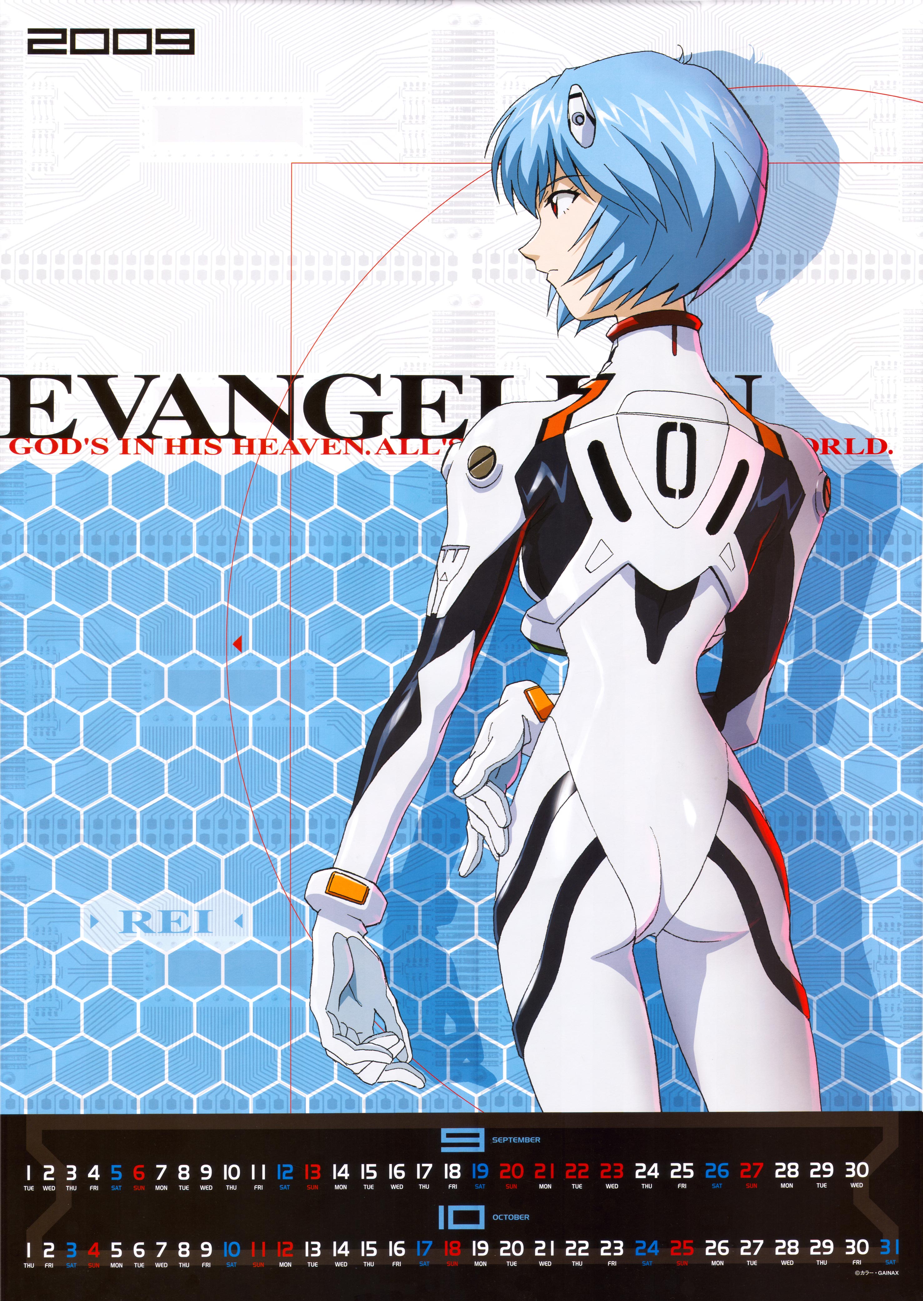 ayanami rei, neon genesis evangelion, absurdres, highres, ass, blue hair, bodysuit, calendar, character name, copyright name, mecha pilot suit, plugsuit (evangelion), red eyes, short hair, solo