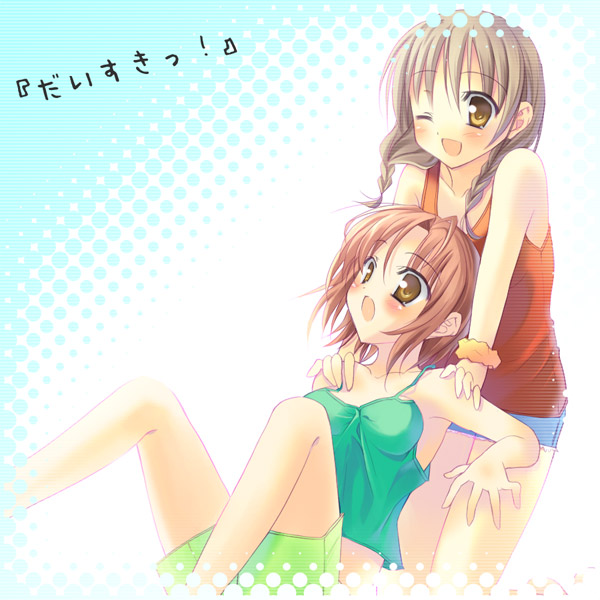 surume (pixiv100117), original, bad id, bad pixiv id, 2girls, braid, camisole, multiple girls, open mouth, short hair, shorts, twin braids, wink