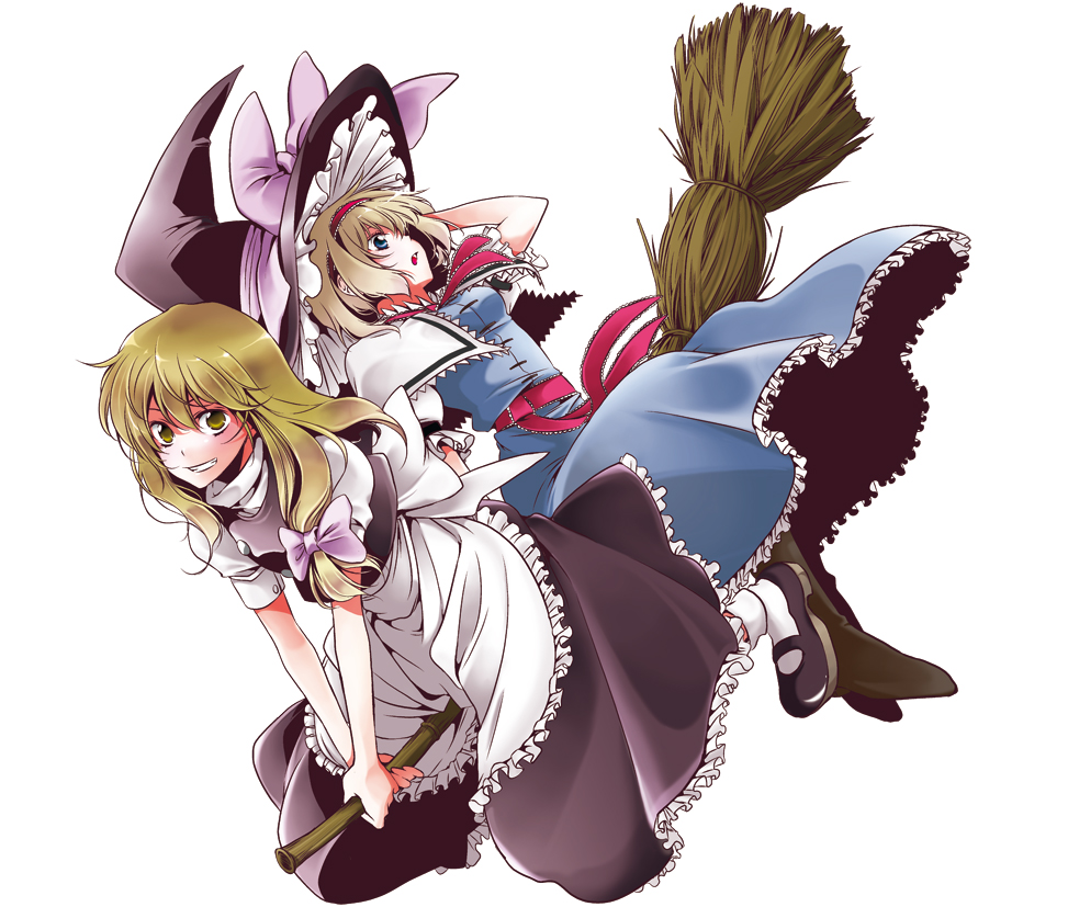 mb, youko (santarose), alice margatroid, kirisame marisa, touhou, 2girls, blonde hair, broom, broom riding, female focus, hat, multiple girls, multiple riders, sidesaddle, simple background, white background, witch, witch hat