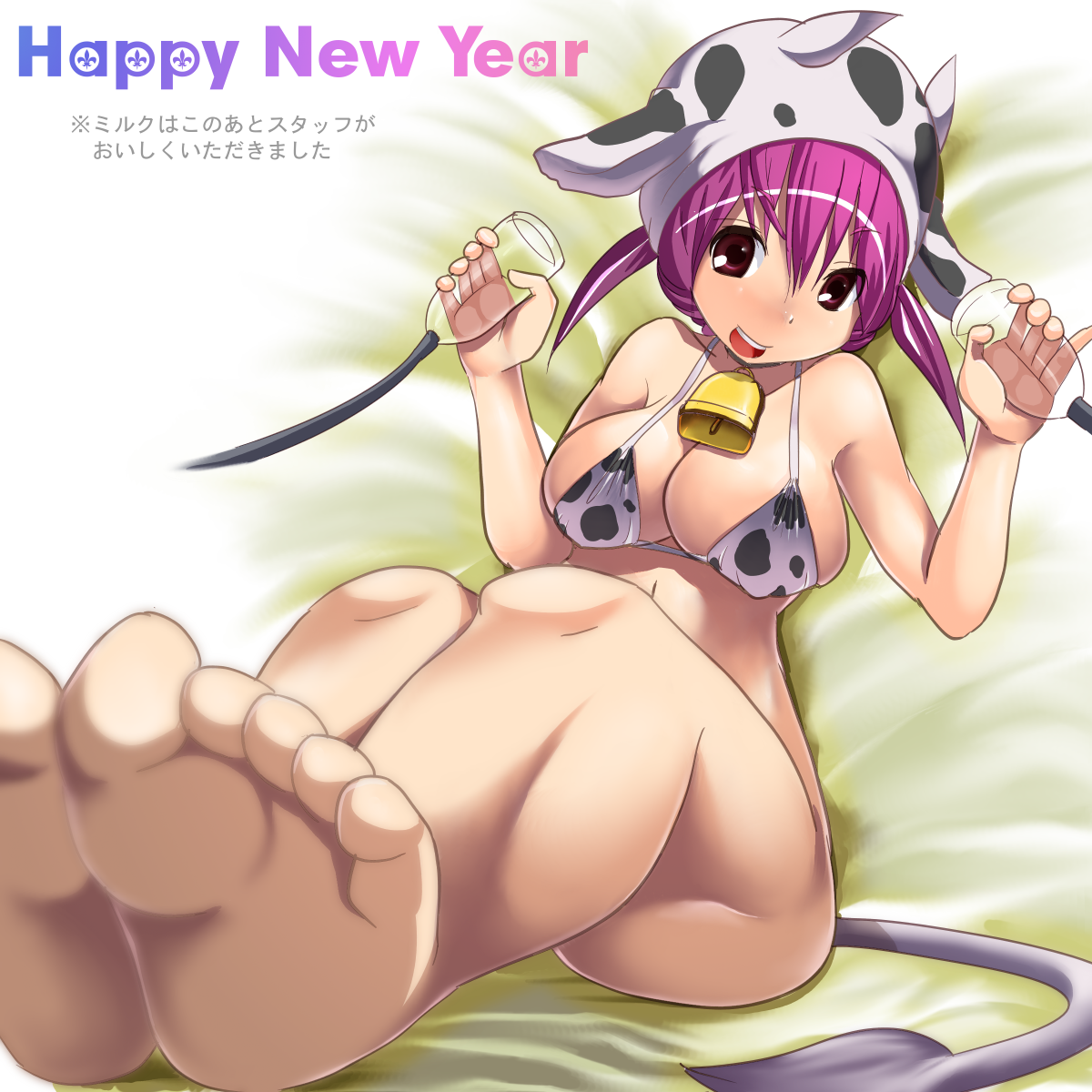 shigecchi, sigetch, original, bad id, bad pixiv id, highres, 1girl, animal print, barefoot, bell, bikini, breasts, cleavage, cow girl, cow print, cow tail, cowbell, feet, female focus, large breasts, new year, purple hair, red eyes, short hair, smile, soles, solo, suction cups, swimsuit, tail