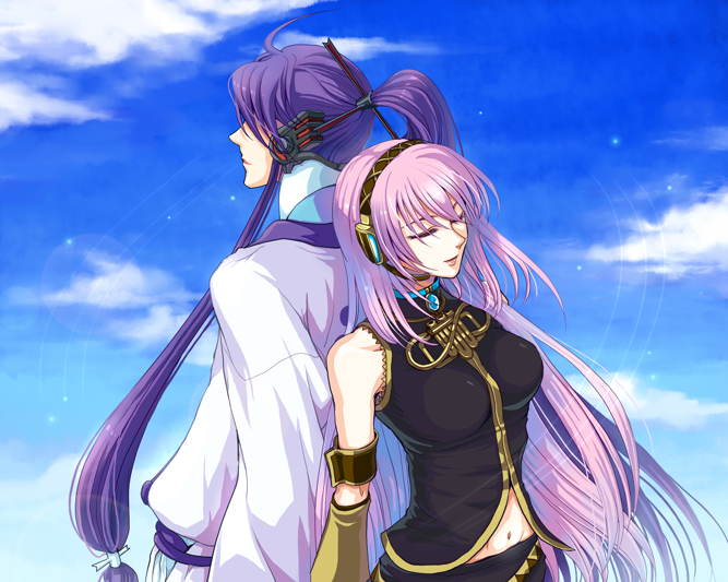 ato komori, kamui gakupo, megurine luka, vocaloid, back-to-back, cloud, day, headset, long hair, navel, pink hair, sky