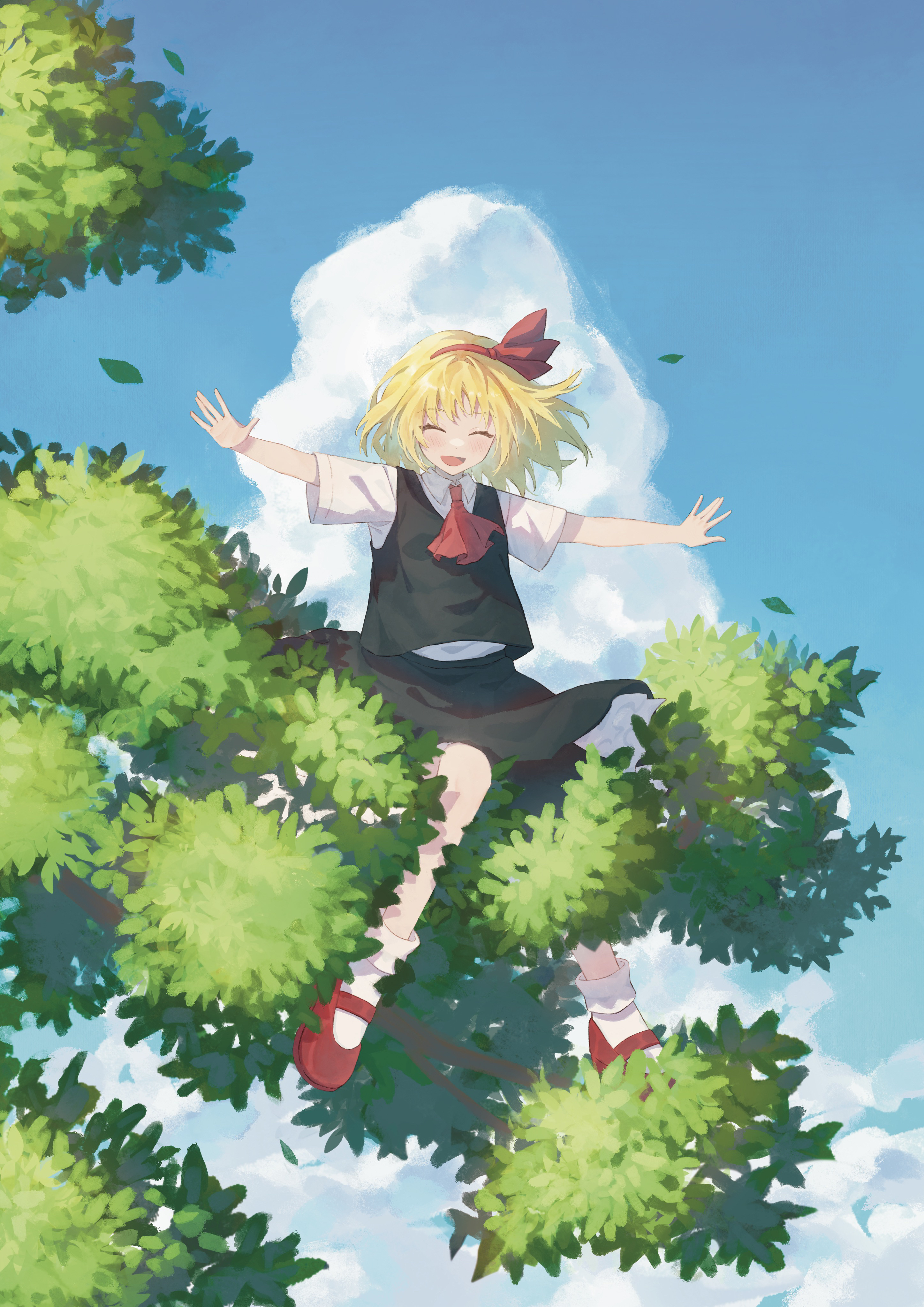 riri hashi, rumia, touhou, absurdres, commentary request, highres, 1girl, ^ ^, ascot, bare arms, black skirt, blonde hair, blue sky, blush, closed eyes, cloud, collared shirt, cumulonimbus cloud, facing viewer, falling leaves, floating hair, hairband, leaf, mary janes, outdoors, outstretched arms, red ascot, red hairband, red shoes, shirt, shoes, short hair, short sleeves, sitting, sitting on branch, skirt, skirt set, sky, smile, socks, solo, tree, white shirt, white socks