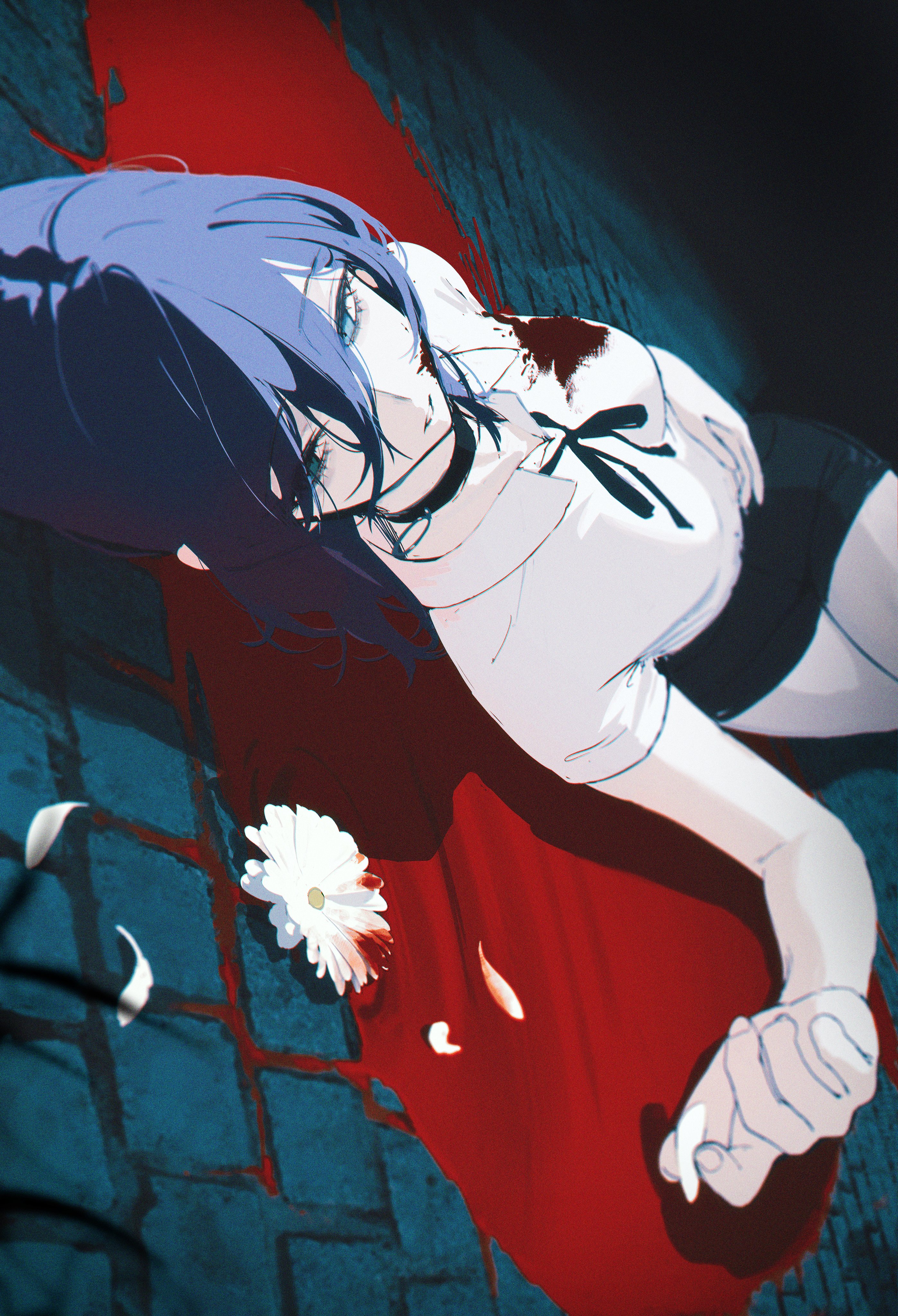 pro-p, reze (chainsaw man), chainsaw man, absurdres, highres, 1girl, black choker, black shorts, blood, blood on clothes, blood on face, blood on flower, blue hair, choker, feet out of frame, flower, green eyes, grenade pin, holding, holding petal, looking at object, looking to the side, lying, on back, parted lips, petals, pool of blood, shirt, short sleeves, shorts, sidelocks, solo, tile floor, tiles, white flower, white petals, white shirt