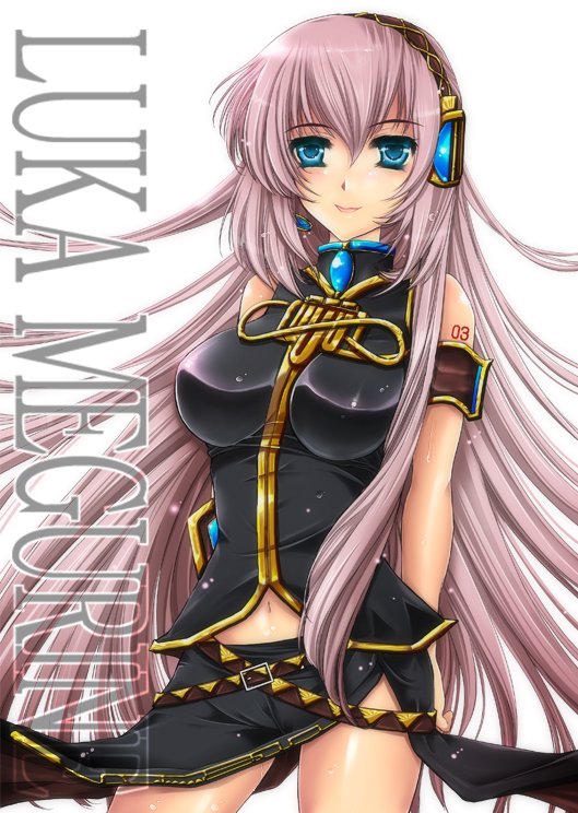 riria, megurine luka, vocaloid, 1girl, :d, armband, arms behind back, bare arms, bare legs, bare shoulders, belt, black skirt, blue eyes, blue gemstone, blush, breasts, brooch, character name, female focus, gem, hair between eyes, hair ornament, headphones, headset, jewelry, large breasts, legs, long hair, long skirt, looking at viewer, multiple belts, navel, open mouth, pink hair, skirt, sleeveless, sleeveless turtleneck, smile, solo, standing, tattoo, turtleneck, upskirt, very long hair, white background