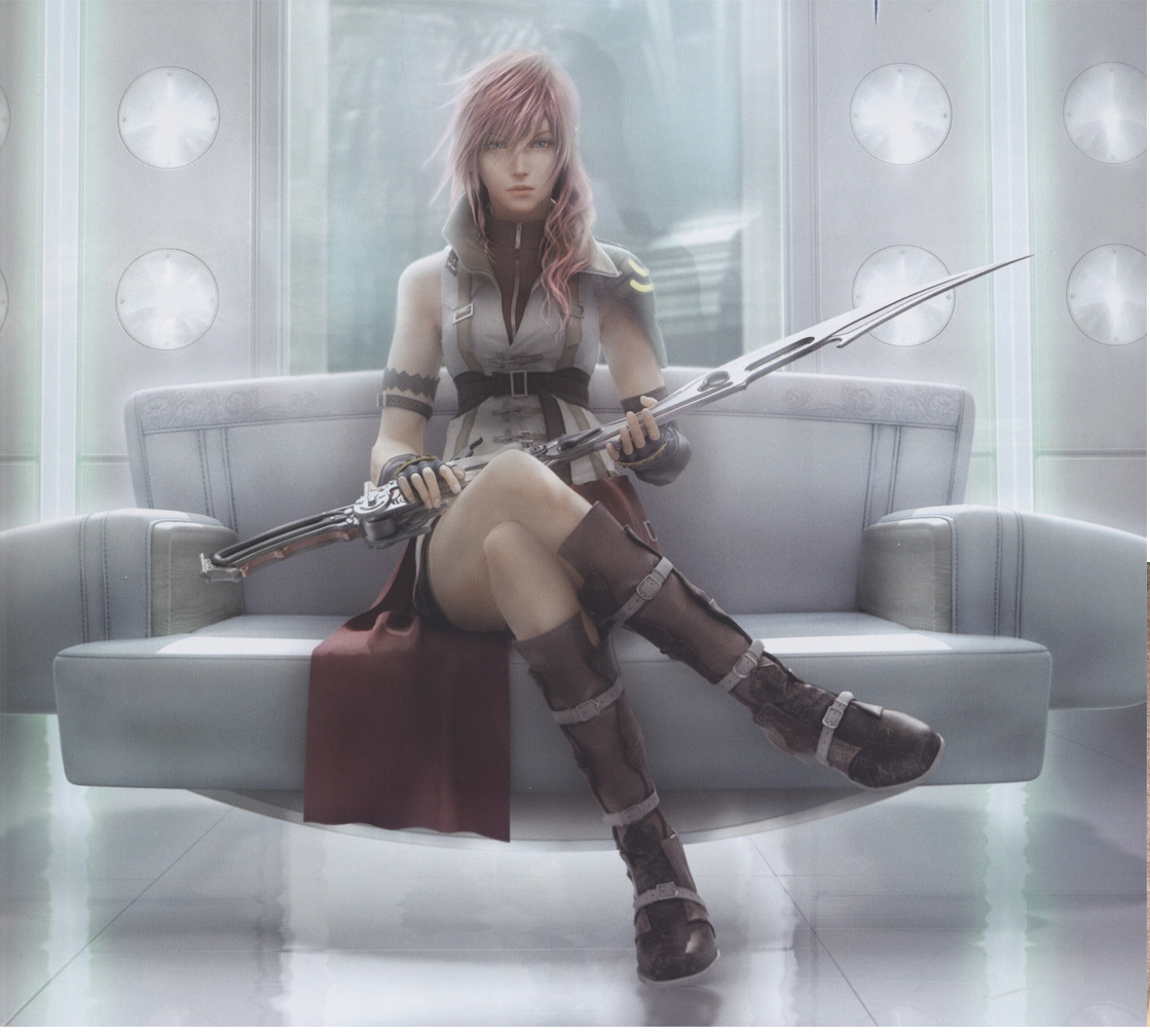 lightning farron, final fantasy, final fantasy xiii, official art, scan, 10s, 1girl, 3d, boots, cape, crossed legs, female focus, miniskirt, pink hair, sitting, skirt, solo, sword, thighs, weapon