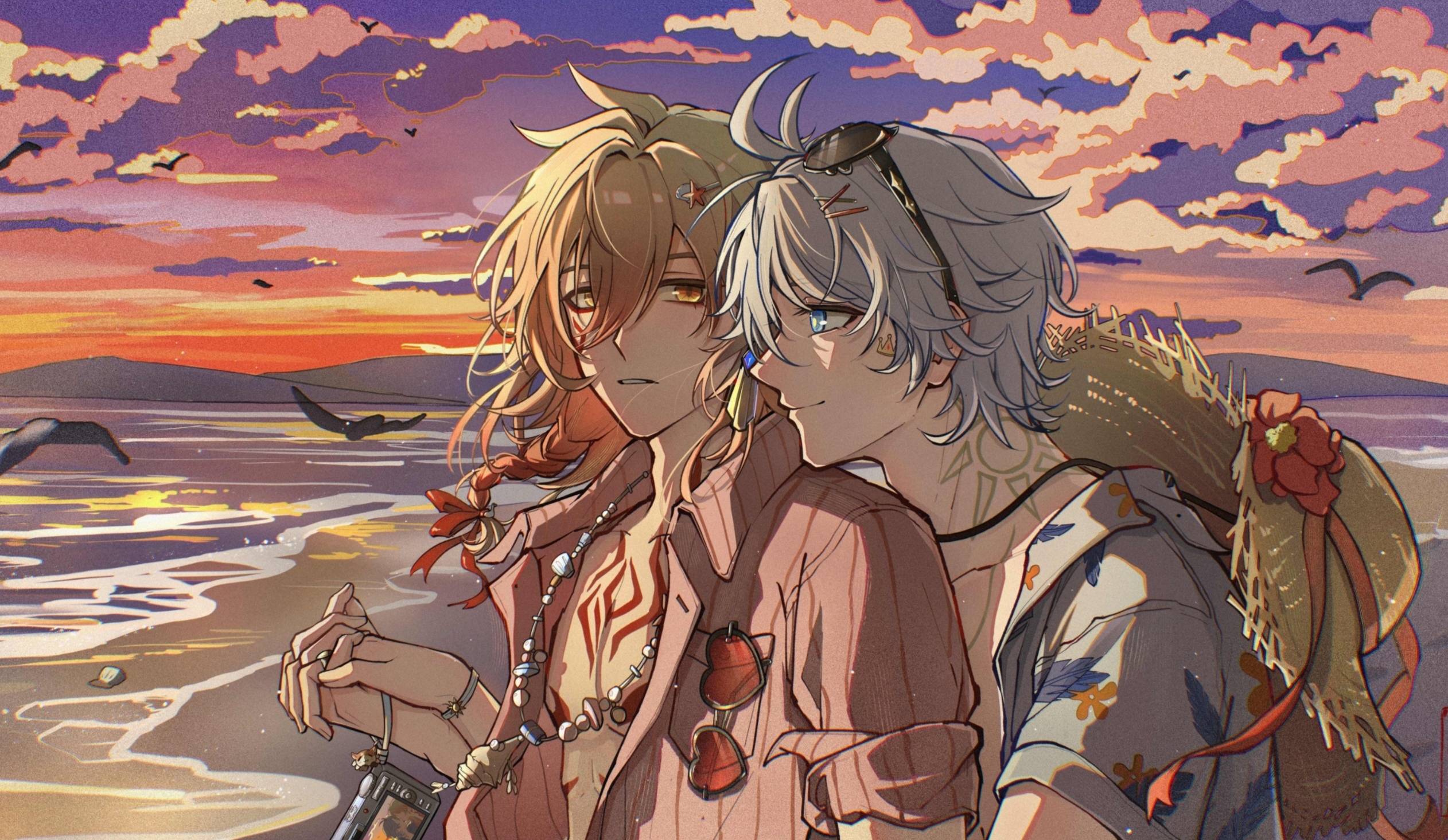 mydei (honkai: star rail), phainon (honkai: star rail), honkai: star rail, honkai (series), highres, 2boys, antenna hair, arm tattoo, blonde hair, blue eyes, blue shirt, braid, chest tattoo, earrings, eyewear on head, facial tattoo, gold earrings, gradient hair, hat, holding hands, jewelry, liangqi88478, male focus, medium hair, multicolored hair, multiple boys, neck tattoo, open clothes, open shirt, orange sky, parted bangs, pink shirt, red hair, red tattoo, shirt, short hair, side braid, sky, sun symbol, sun tattoo, tan, tattoo, unworn hat, unworn headwear, white hair, yaoi, yellow eyes