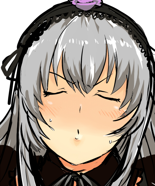 gaihan umeboshi mitchell, shimau (artist), suigintou, rozen maiden, silver hair, bad id, bad pixiv id, 00s, 1girl, blush, closed eyes, facing viewer, female focus, hairband, incoming kiss, kiss, long hair, portrait, pov, solo