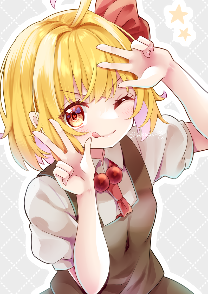 sakuyabm, rumia, touhou, commentary request, 1girl, ;), ;q, ahoge, argyle background, bare arms, black skirt, blonde hair, collared shirt, dotted line, double w, fingernails, heart, heart in eye, looking at viewer, necktie, one eye closed, orange eyes, outline, red necktie, shirt, short hair, short sleeves, skirt, skirt set, smile, solo, star (symbol), symbol in eye, tongue, tongue out, twitter username, v-shaped eyebrows, w, white outline, white shirt