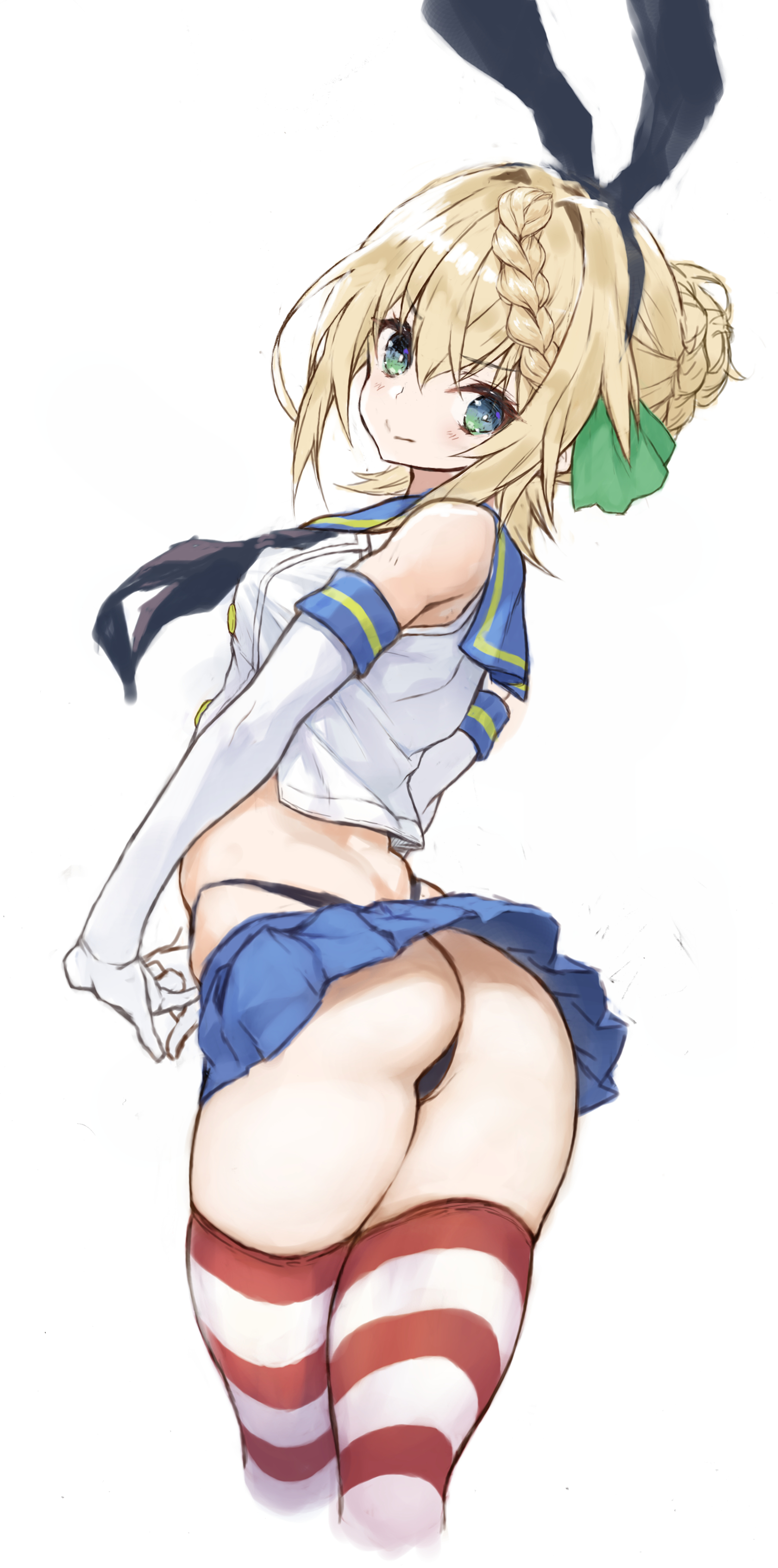 ryo (tg290), perth (kancolle), shimakaze (kancolle), kantai collection, absurdres, commentary request, highres, 1girl, alternate costume, animal ears, ass, bare shoulders, black neckerchief, black panties, blonde hair, blue eyes, blue sailor collar, blush, braid, braided bangs, bun with braided base, closed mouth, cosplay, elbow gloves, fake animal ears, from behind, gloves, hair between eyes, hair bun, highleg, highleg panties, looking at viewer, microskirt, neckerchief, panties, rabbit ears, red thighhighs, sailor collar, sailor shirt, shimakaze (kancolle) (cosplay), shirt, simple background, single hair bun, skindentation, skirt, sleeveless, sleeveless shirt, solo, striped clothes, striped thighhighs, thighhighs, thighs, thong, underwear, white background, white gloves, white shirt