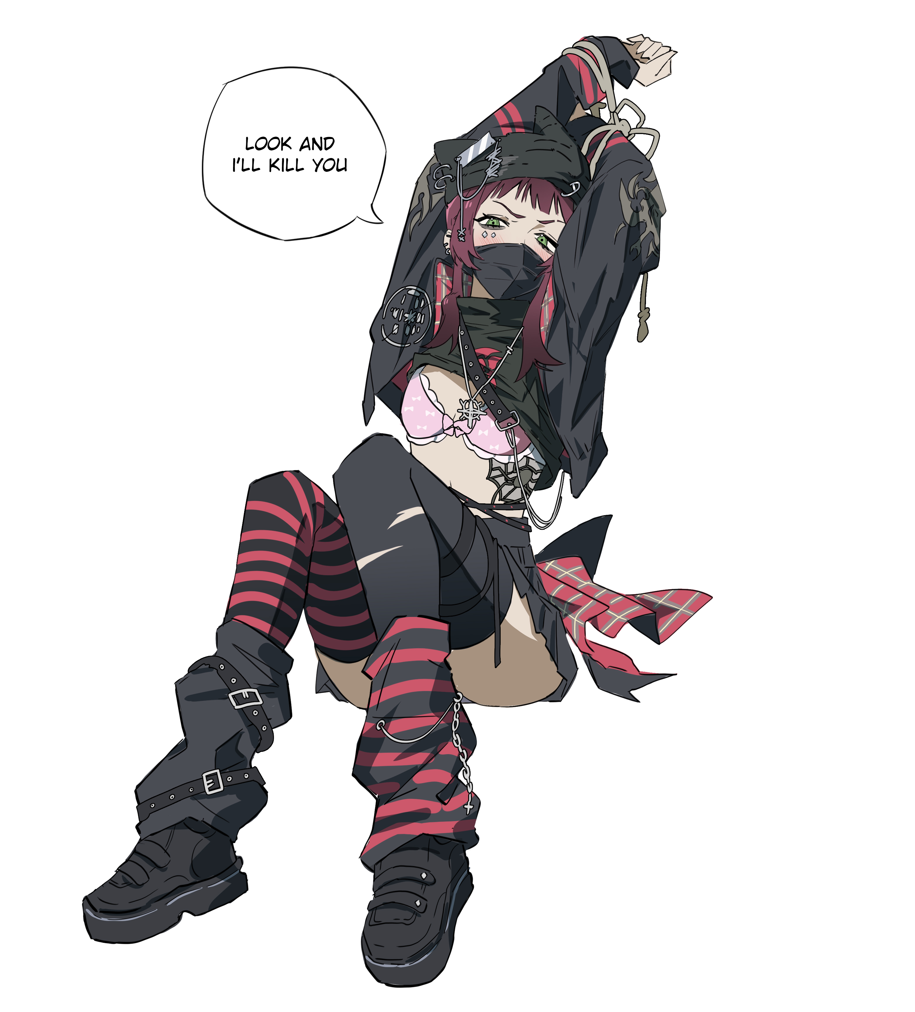 shouz, original, absurdres, commentary, highres, 1girl, arms up, asymmetrical legwear, beanie, black hat, black jacket, black leg warmers, black mask, black shirt, black shoes, black thighhighs, bound, bound wrists, bra, brown hair, choppy bangs, clothes lift, covered mouth, english text, flat chest, full body, green eyes, hat, jacket, leg warmers, long hair, long sleeves, mask, mismatched legwear, mismatched thighhighs, mouth mask, open clothes, open jacket, pink bra, shirt, shirt lift, shoes, sidelocks, simple background, sitting, solo, speech bubble, striped clothes, striped thighhighs, talking, thighhighs, underwear, white background