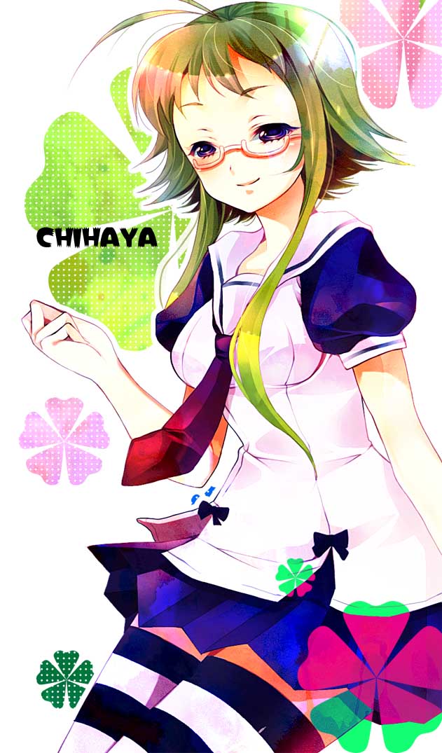 yachi waki, ikaruga chihaya, asu no yoichi, bad id, bad pixiv id, 00s, 1girl, ahoge, bow, breasts, character name, female focus, glasses, green hair, long hair, necktie, pleated skirt, purple eyes, school uniform, semi-rimless eyewear, serafuku, short hair with long locks, short sleeves, sidelocks, skirt, smile, solo, striped clothes, striped thighhighs, thighhighs, under-rim eyewear