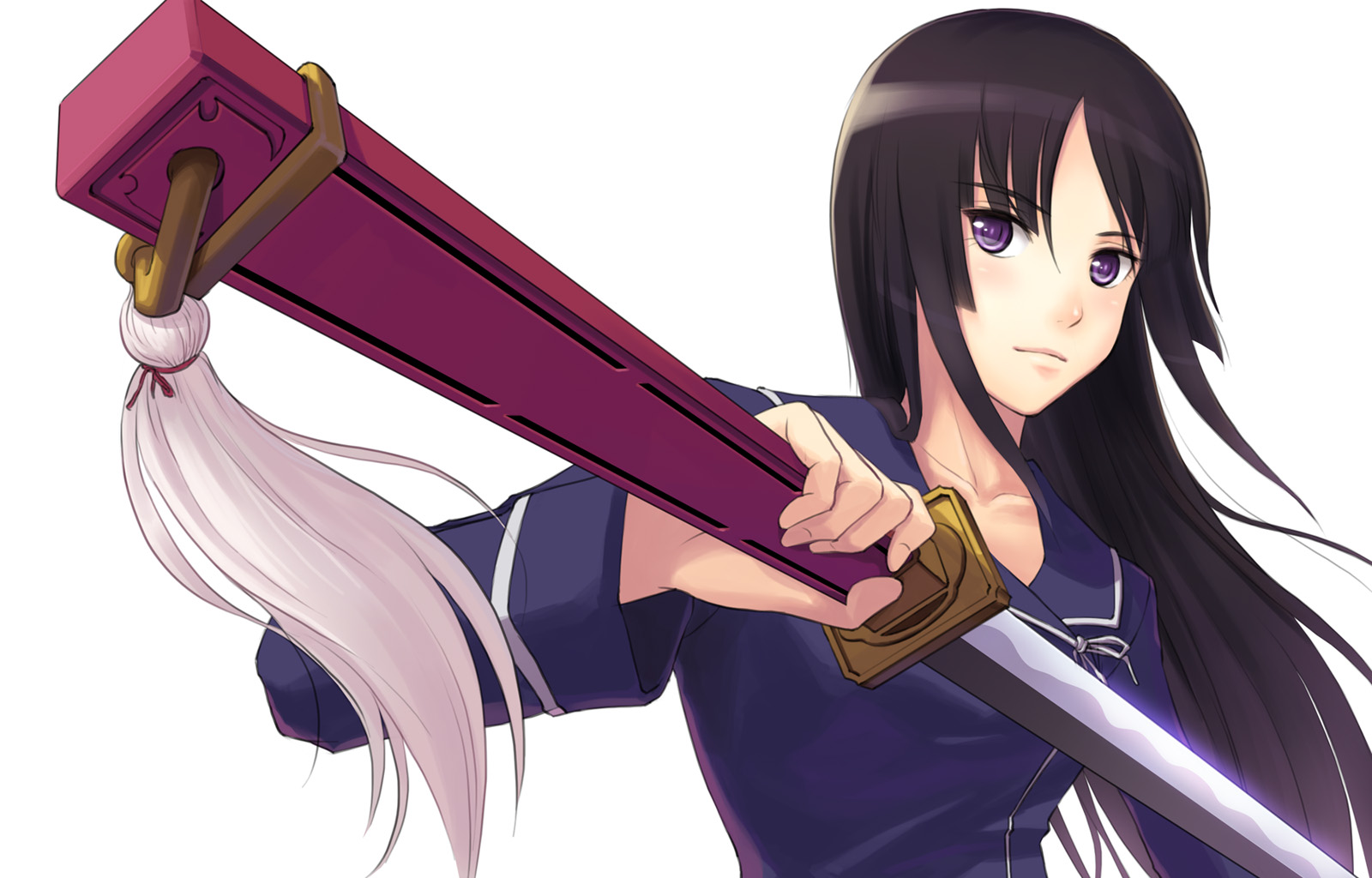 zhenlin, isayama yomi, ga-rei, ga-rei zero, highres, 00s, black hair, blunt bangs, foreshortening, hime cut, katana, long hair, purple eyes, school uniform, solo, sword, weapon
