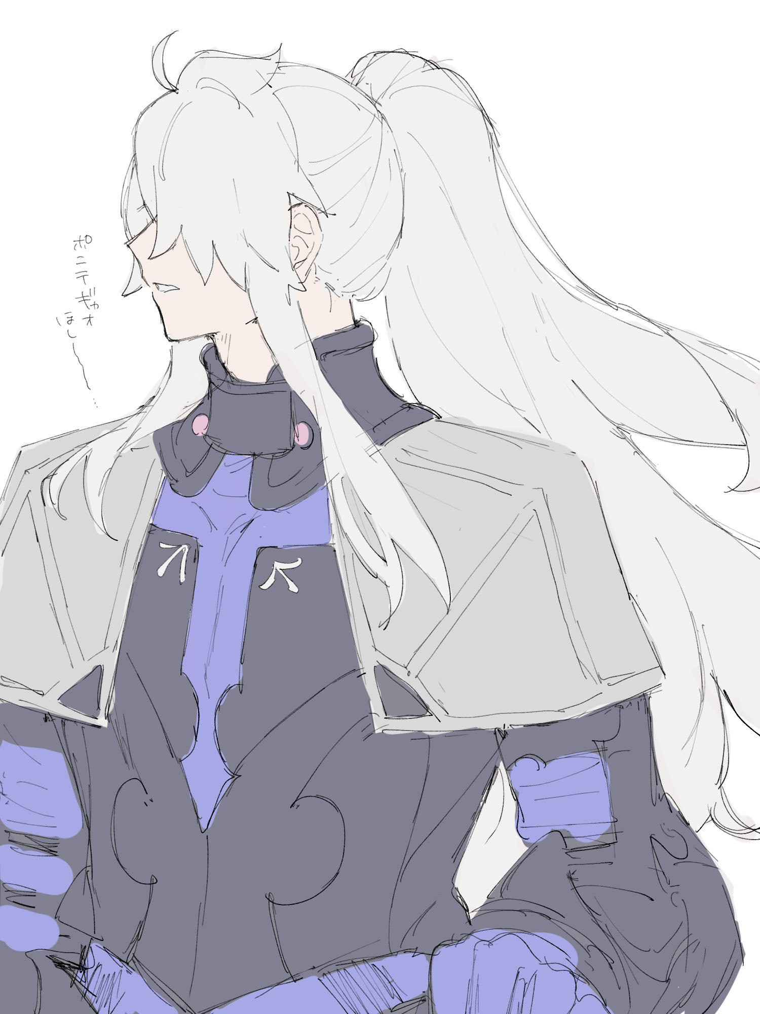 chickenuma 0, galahad (fate), fate/grand order, fate (series), highres, 1boy, ahoge, armor, facing away, gorget, hair over one eye, long hair, male focus, parted lips, ponytail, sidelocks, sketch, solo, upper body, white hair
