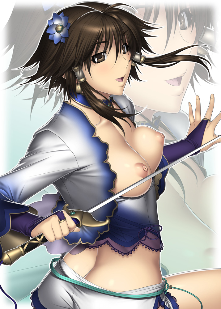 kansuke, chai xianghua, soul calibur, soulcalibur, soulcalibur iv, 1girl, bouncing breasts, breasts, breasts out, brown eyes, brown hair, choker, female focus, hair ornament, hairpin, open clothes, open shirt, shirt, short hair, shorts, solo, sword, weapon