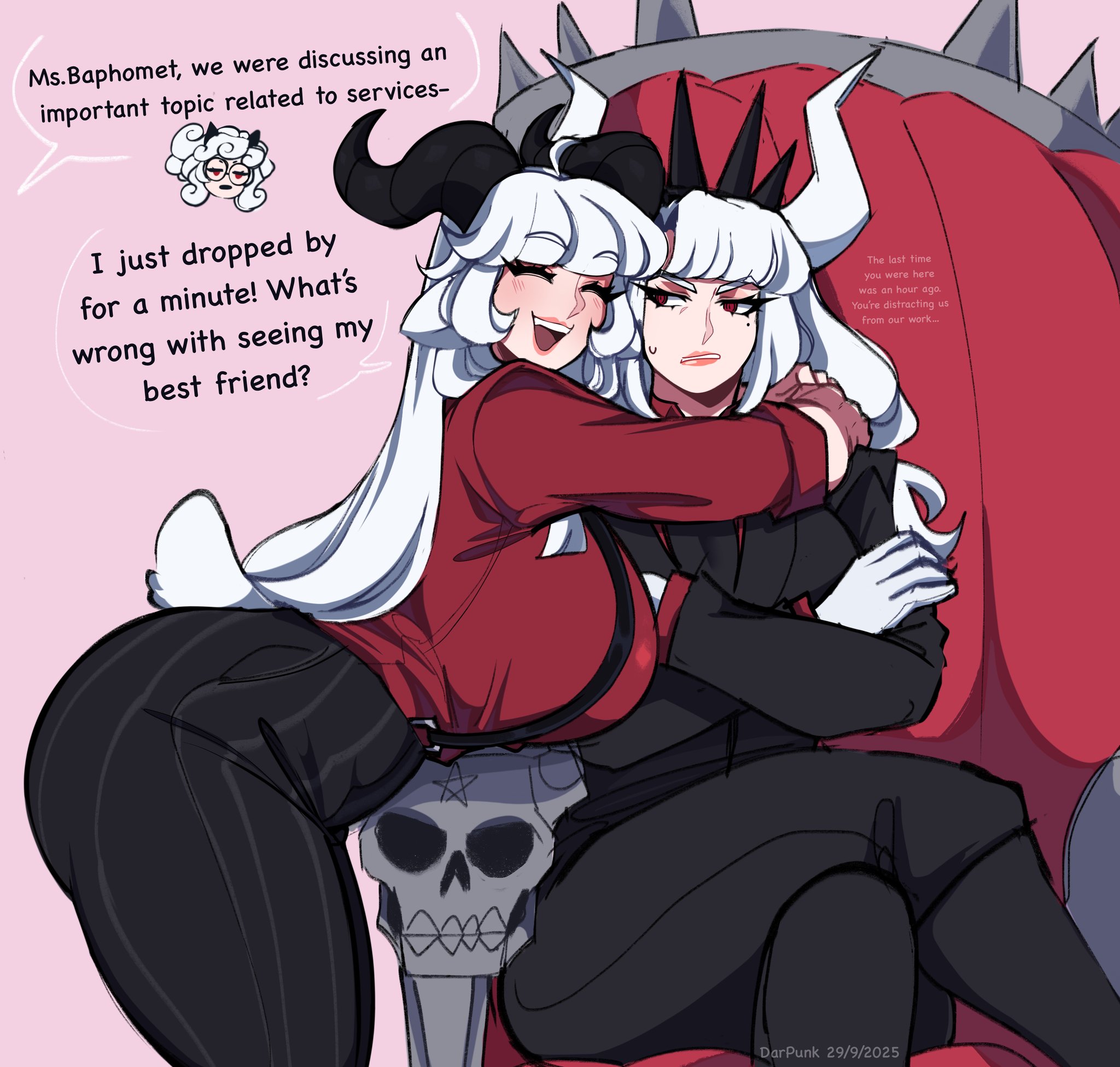 darpunk, baphomet (grizz), lucifer (helltaker), pandemonica (helltaker), helltaker, highres, 3girls, breasts, demon girl, demon horns, formal clothes, goat girl, horns, large breasts, long hair, multiple girls, red eyes, very long hair, white hair