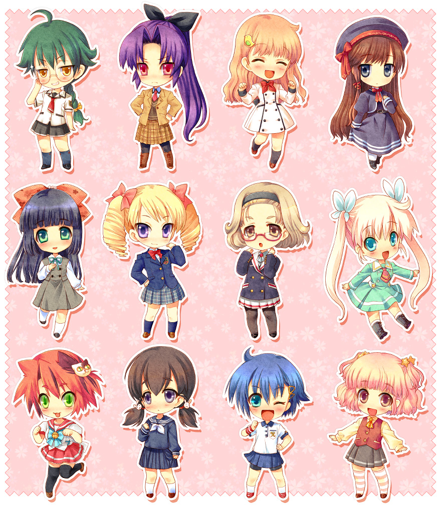 gimei, original, 6+girls, ^ ^, ahoge, aqua eyes, black hair, blonde hair, blue eyes, blue hair, blush, braid, brown eyes, brown hair, chibi, closed eyes, dress, drill hair, glasses, green eyes, green hair, hair ornament, hairband, hat, long hair, miniskirt, multiple girls, pantyhose, pink hair, ponytail, purple eyes, purple hair, red eyes, red hair, ribbon, school uniform, short hair, short twintails, skirt, smile, twintails, yellow eyes