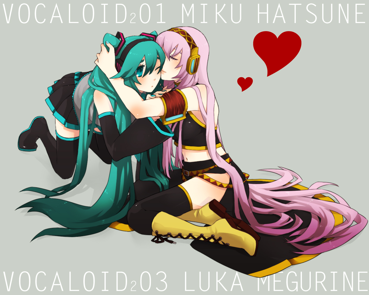 inoue mikuni, hatsune miku, megurine luka, vocaloid, bad id, 2girls, aqua eyes, aqua hair, aqua nails, blue nails, kissing cheek, kneeling, long hair, multiple girls, nail polish, one eye closed, pink hair, sitting, skirt, thighhighs, very long hair, wink, yuri