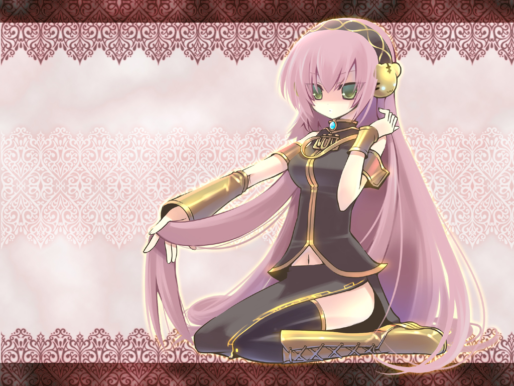 tahya, megurine luka, vocaloid, bad id, bad pixiv id, boots, green eyes, knee boots, long hair, pink hair, sitting, solo, thighhighs