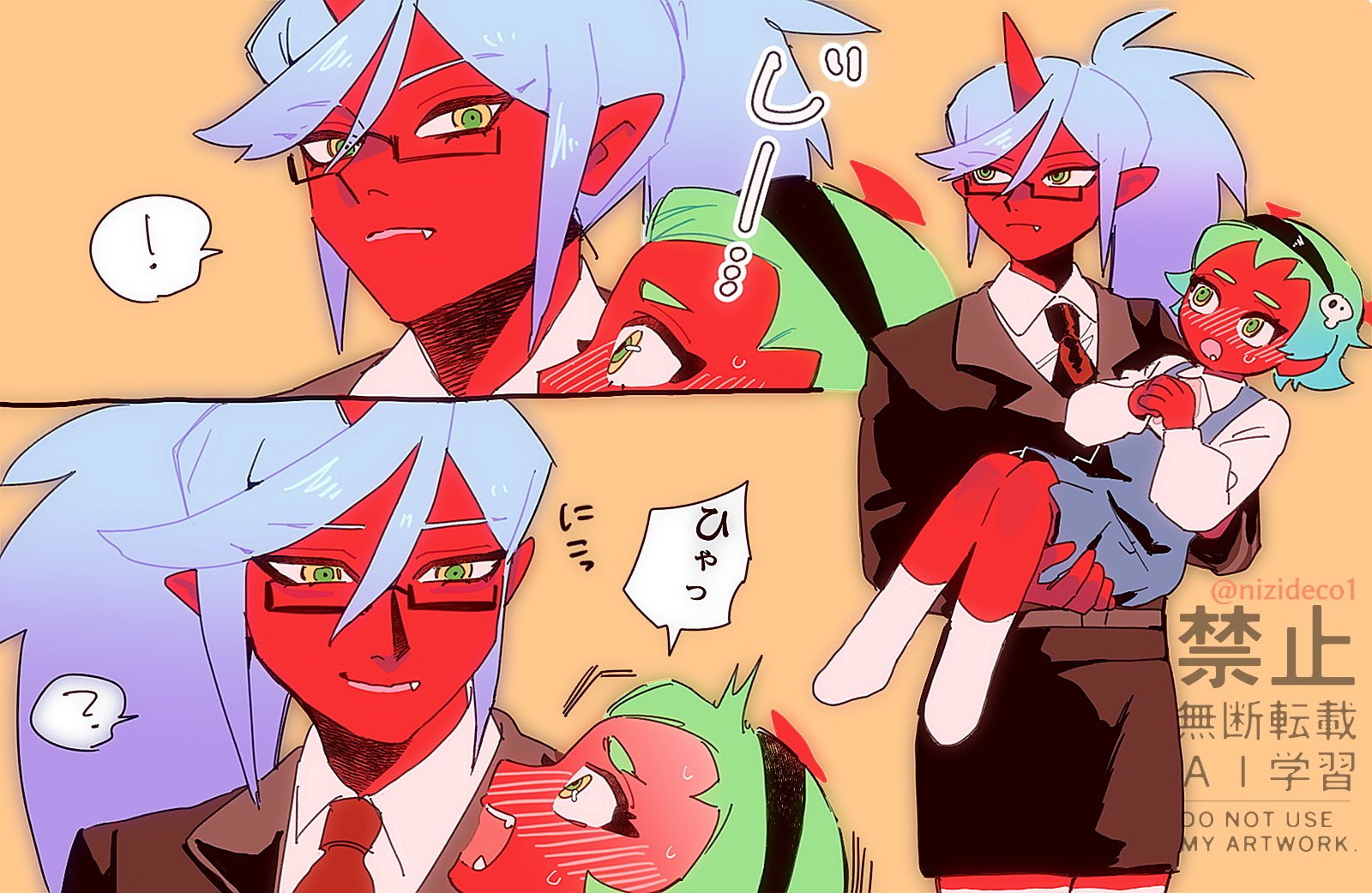 nizideco1, kneesocks (psg), scanty (psg), panty & stocking with garterbelt, highres, 2girls, blue hair, breasts, colored skin, demon girl, demon horns, green hair, horns, long hair, looking at another, multiple girls, red skin, school uniform