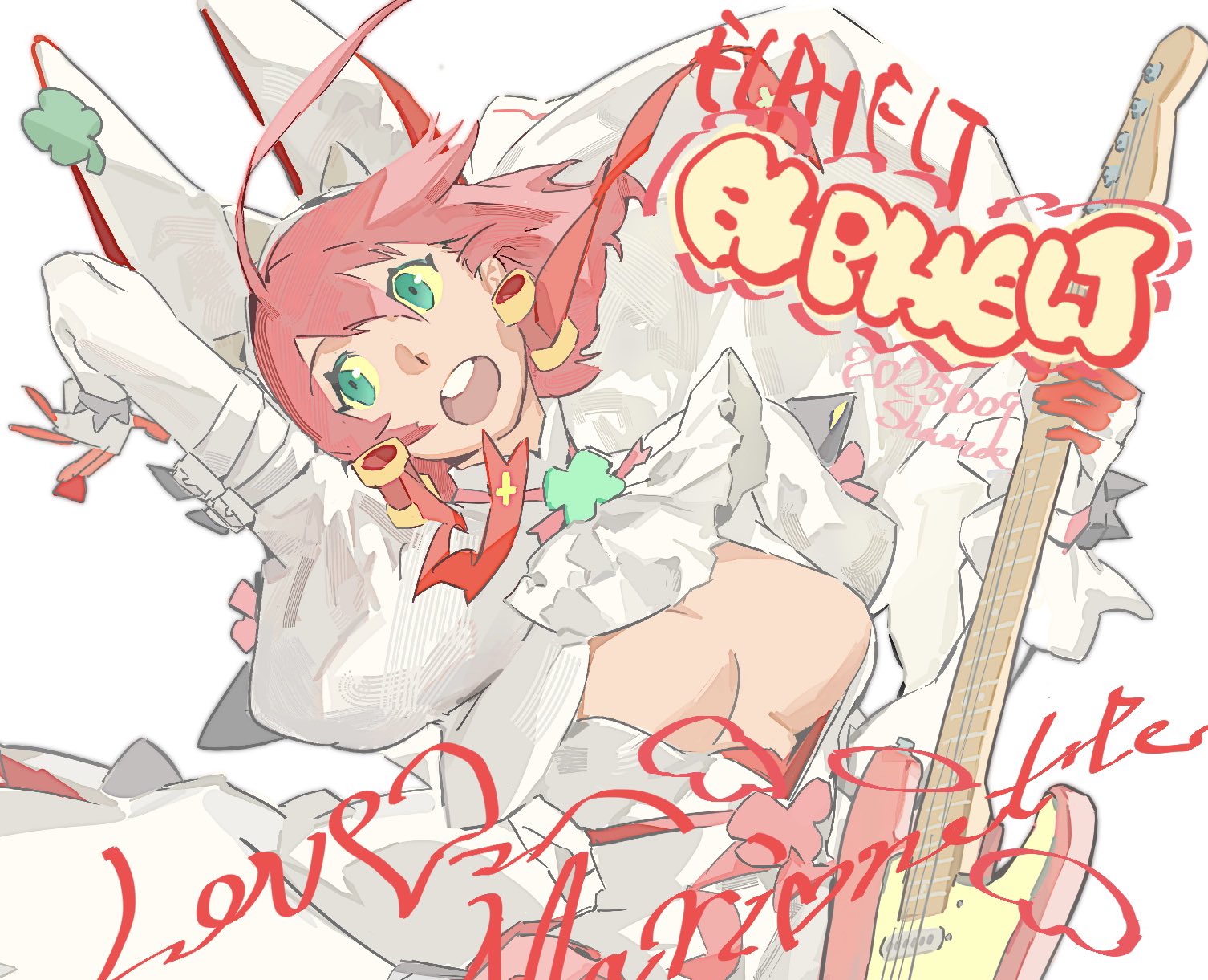 amatuki, elphelt valentine, guilty gear, highres, 1girl, blue eyes, breasts, cleavage, cleavage cutout, clothing cutout, dress, electric guitar, guitar, holding, holding guitar, holding instrument, instrument, pink hair, short hair, signature, simple background, solo, upper body, veil, white background, white dress