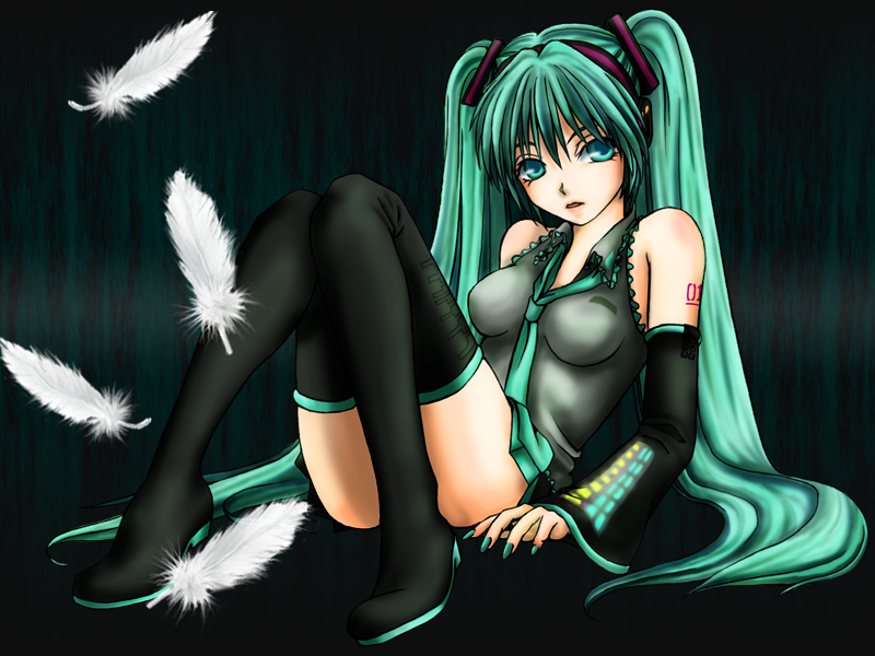 achikoako, hatsune miku, vocaloid, bad id, bad pixiv id, detached sleeves, feathers, green eyes, green hair, long hair, nail polish, solo, thighhighs, twintails