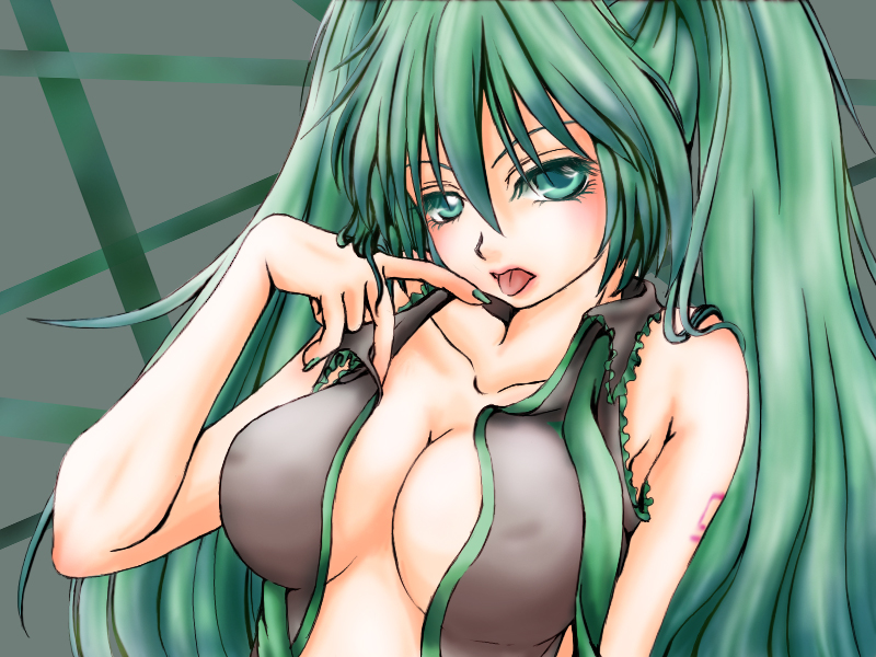 achikoako, hatsune miku, vocaloid, bad id, bad pixiv id, 1girl, breasts, cleavage, female focus, green eyes, green hair, matching hair/eyes, nail polish, open clothes, open shirt, shirt, solo, tongue