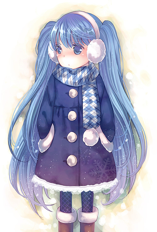 wasabi (sekai), hatsune miku, vocaloid, blue eyes, blue hair, coat, earmuffs, hands in pockets, long hair, pantyhose, scarf, solo, twintails